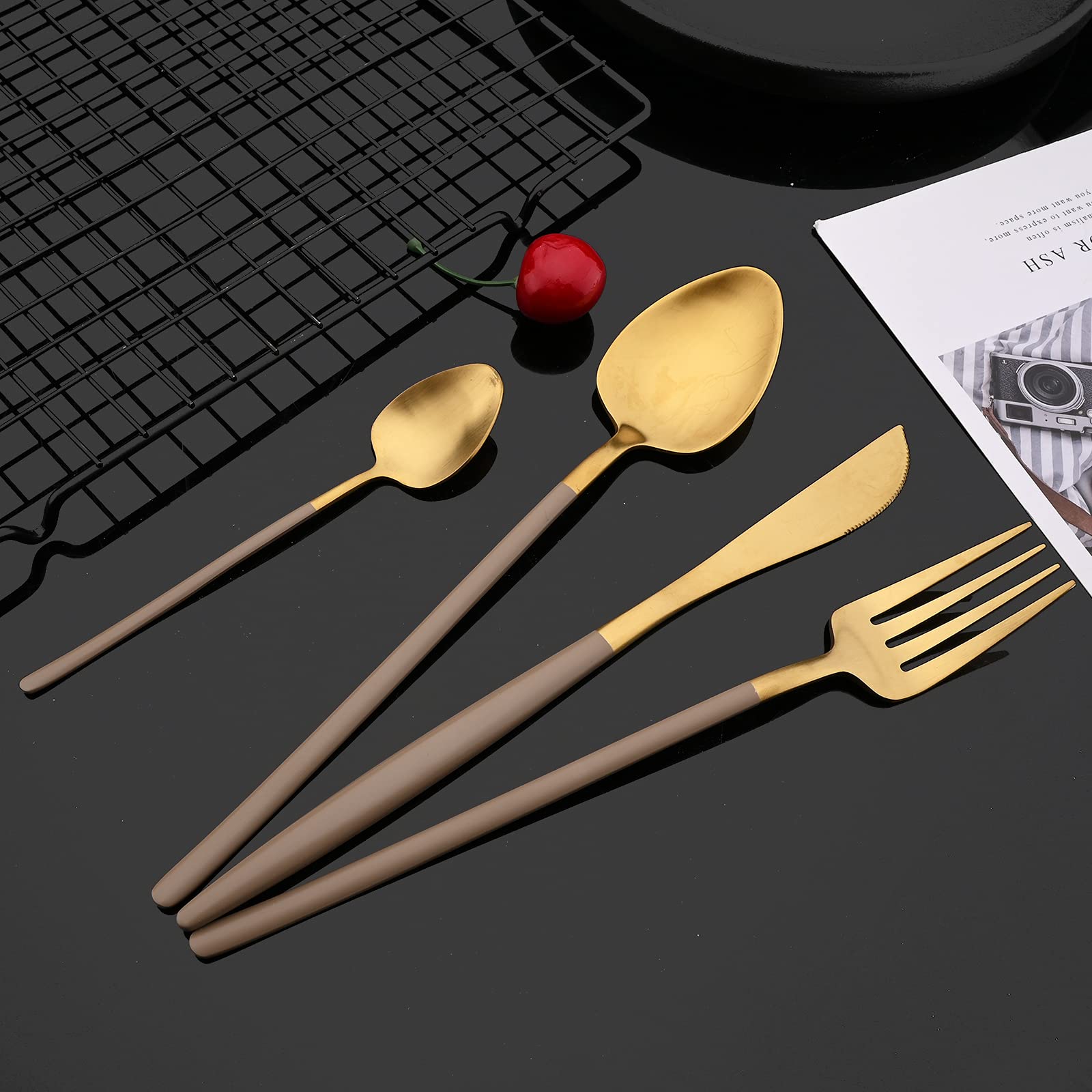 JASHII 24-Piece Matte Brown and Gold Flatware Set for 6 - Stainless Steel Cutlery with Knives, Forks, Spoons & Teaspoons | Dishwasher Safe & Durable | Perfect for Dining, Entertaining & Everyday Use