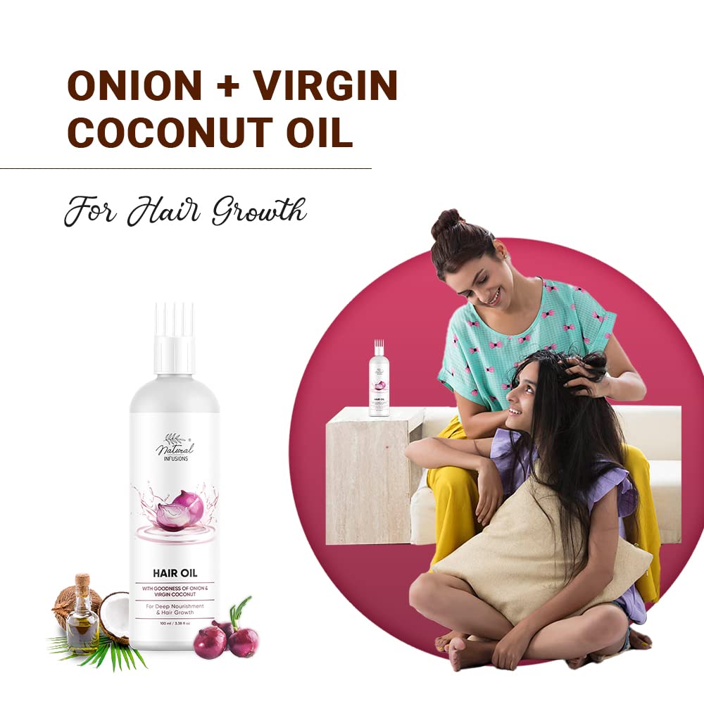 Organic Onion & Virgin Coconut Hair Oil for Silky Strong Hair Growth | Reduces Hair Fall with Comb Applicator | 100ml Bottle | Perfect for Daily Hair Care & Scalp Massage at Home