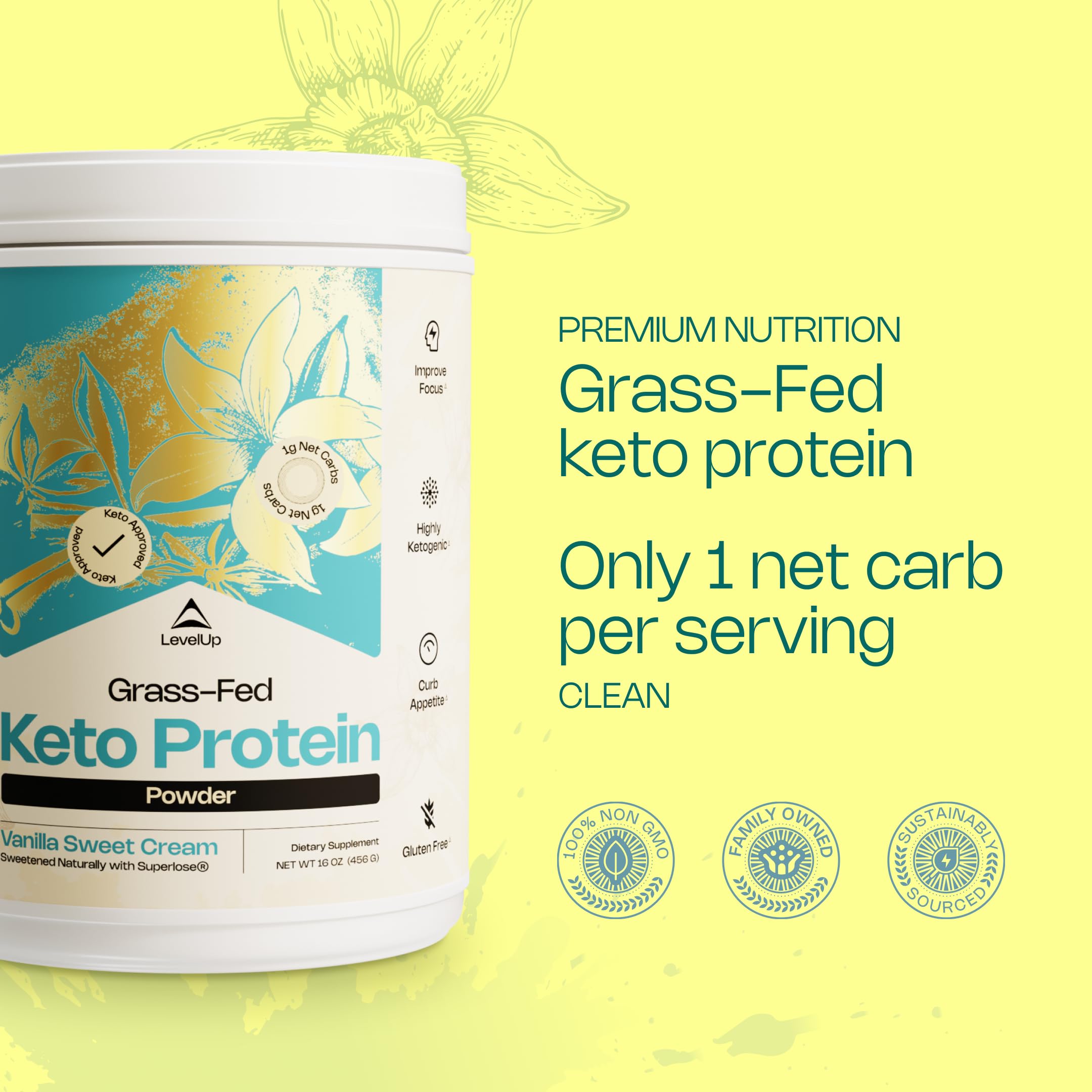 LevelUp Keto Protein Powder with Collagen Peptides & MCT Oil - Whey Protein Isolate Supplement for Ketogenic Diet, Vanilla Sweet Cream Flavor - Perfect for Post-Workout Recovery & Low-Carb Meal Replacement