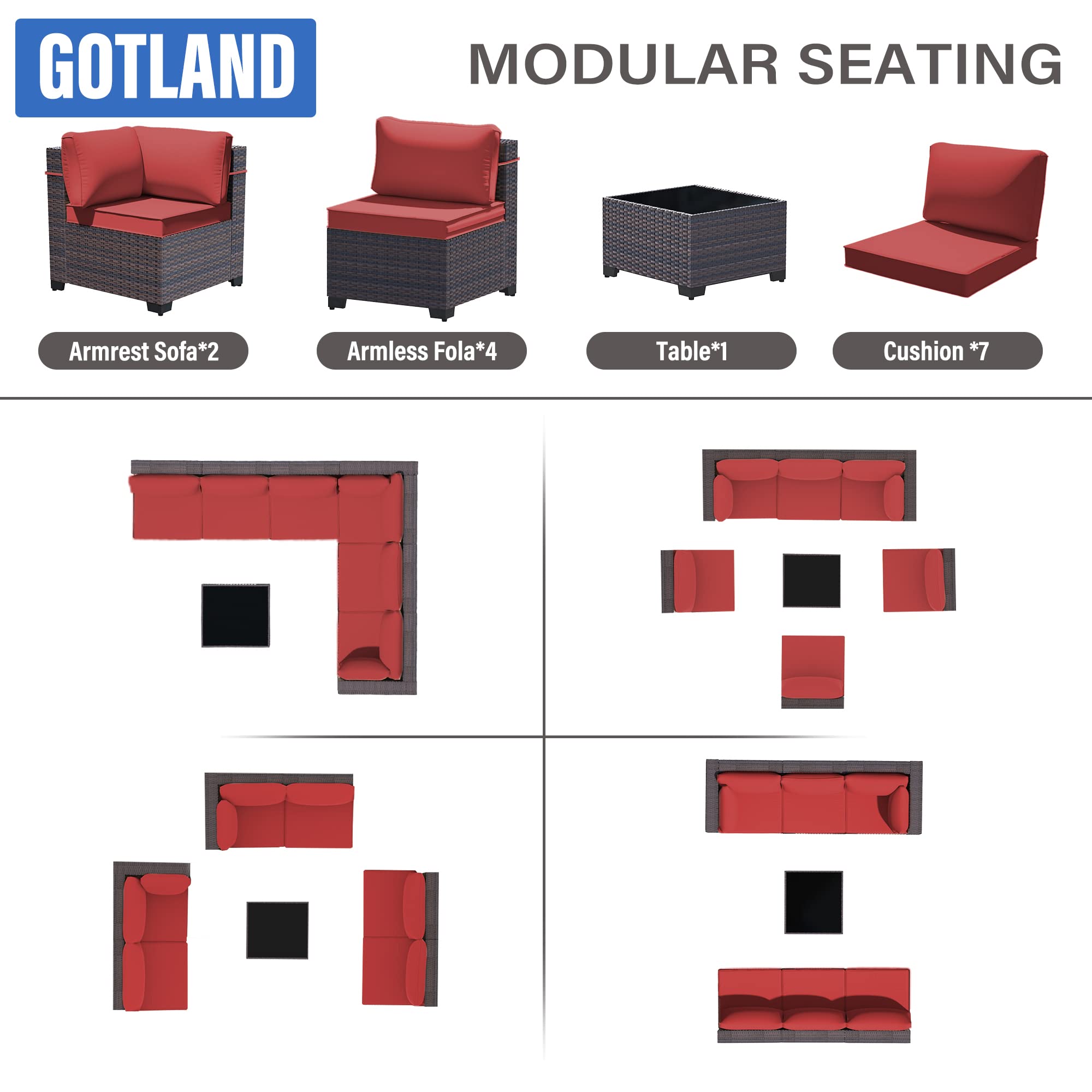Gotland 7-Piece Outdoor Patio Furniture Set - All-Weather PE Rattan Sectional Sofa with Replaceable Red Waterproof Cushions & Coffee Table - Perfect for Garden, Backyard, Poolside & Balcony Relaxation
