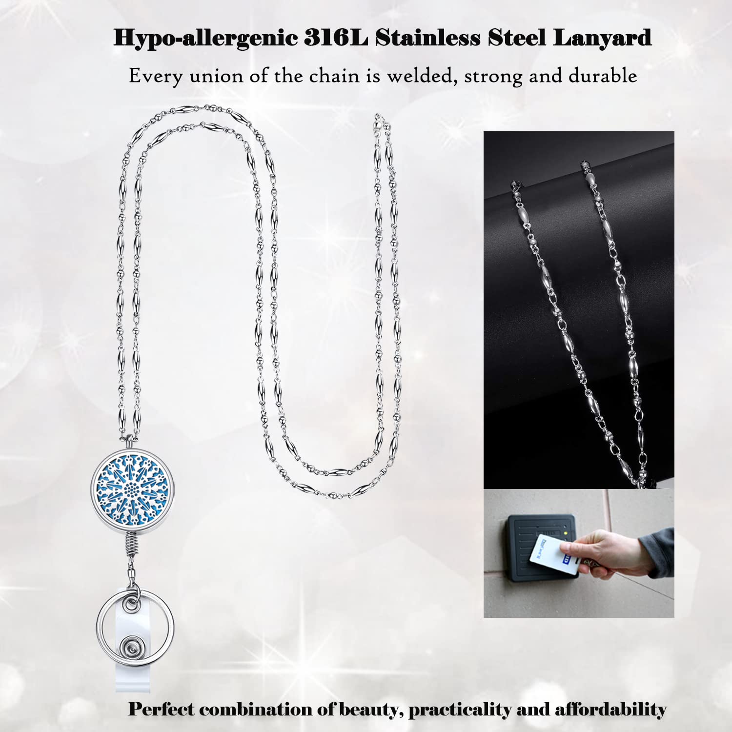 Retractable ID Badge Lanyard for Office, Nurse & Teacher - Silver Chain Keychain Necklace for Work & School