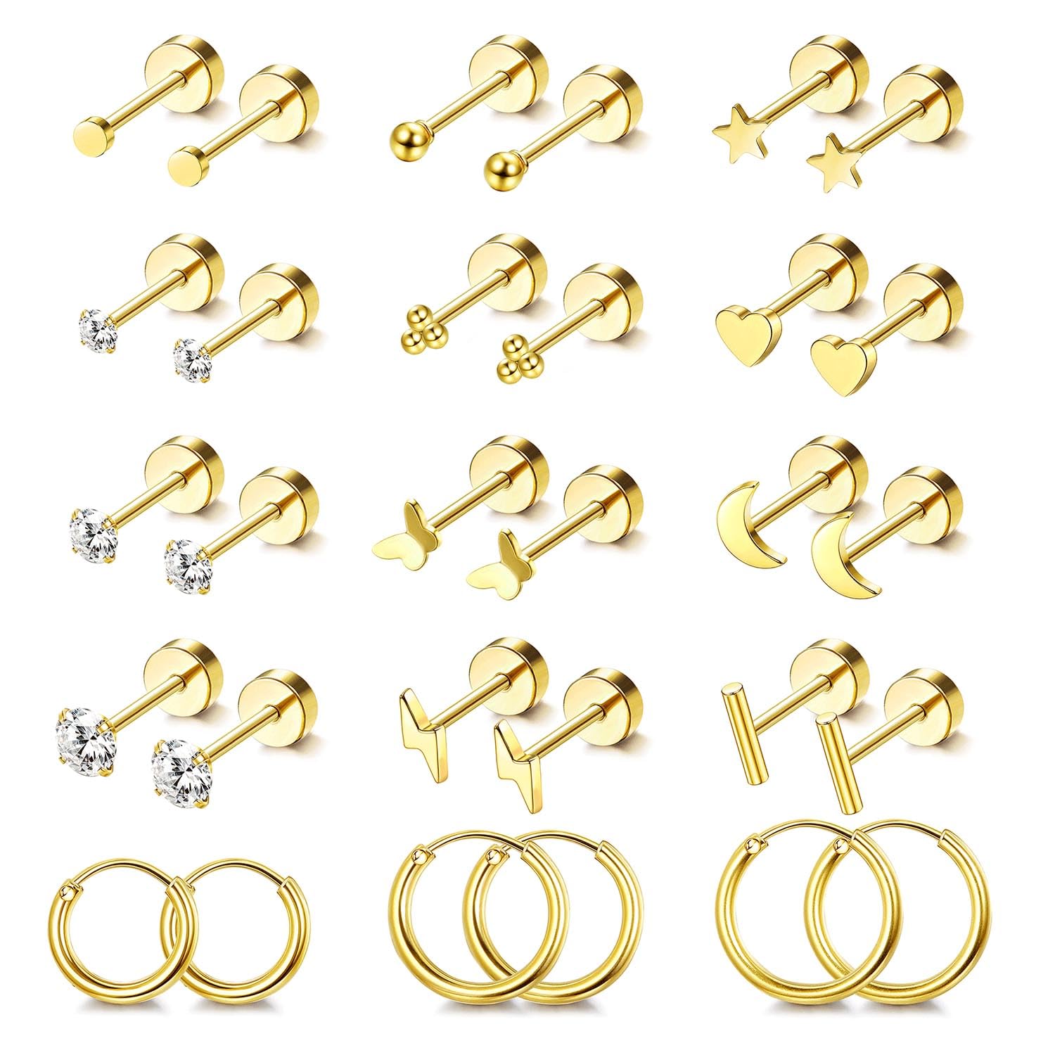 Hypoallergenic 14K Gold Plated Surgical Steel Earrings for Sensitive Ears - Flat Back Stud & Hoop Earring Set for Women & Men - Perfect for Cartilage, Helix, Lobe Piercings - Ideal for Daily Wear, Gifts & Special Occasions