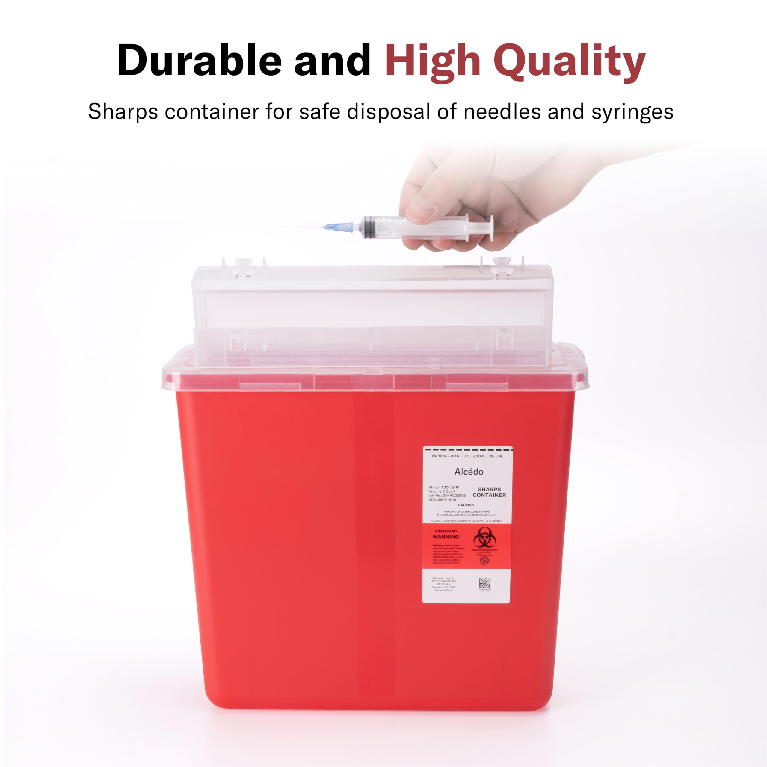 Alcedo 5 Quart Biohazard Sharps Container - Medical Grade Needle & Syringe Disposal with Secure Mailbox Lid for Home & Clinical Use | Safe for Diabetic, Tattoo & Veterinary Waste Disposal