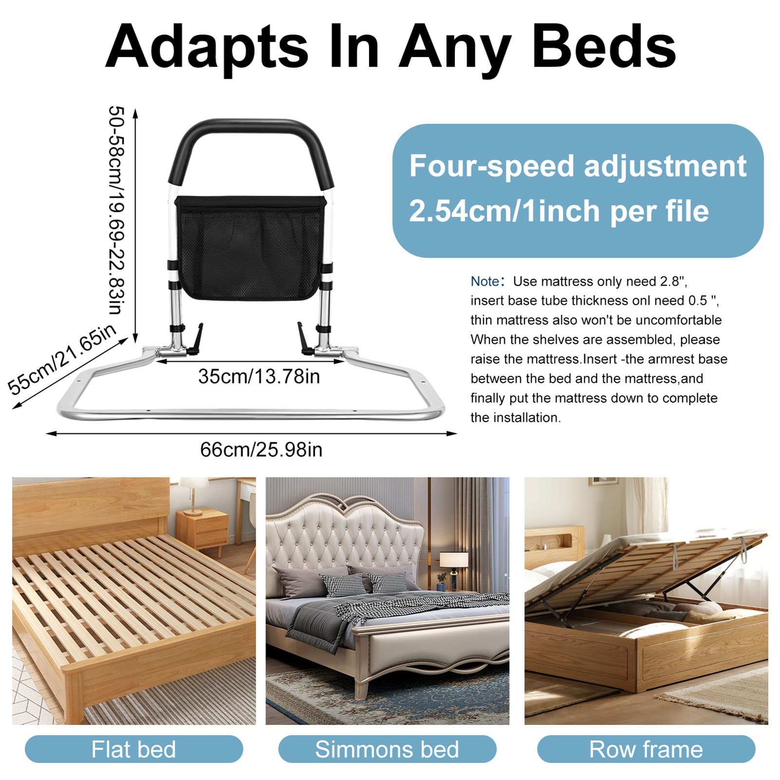 Elderly Bedside Guardrail - Adjustable Bed Safety Rail for Seniors & Adults with Storage Pocket - Bed Assist Grab Bar Handle for Fall Prevention - Perfect for Home Care, Hospitals & Assisted Living Facilities