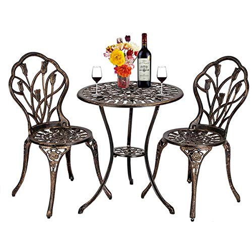 European Style Cast Aluminum Outdoor 3-Piece Tulip Bistro Set - Patio Dining Table & Chairs in Bronze Finish | Perfect for Small Balcony, Garden Cafe or Poolside Relaxation