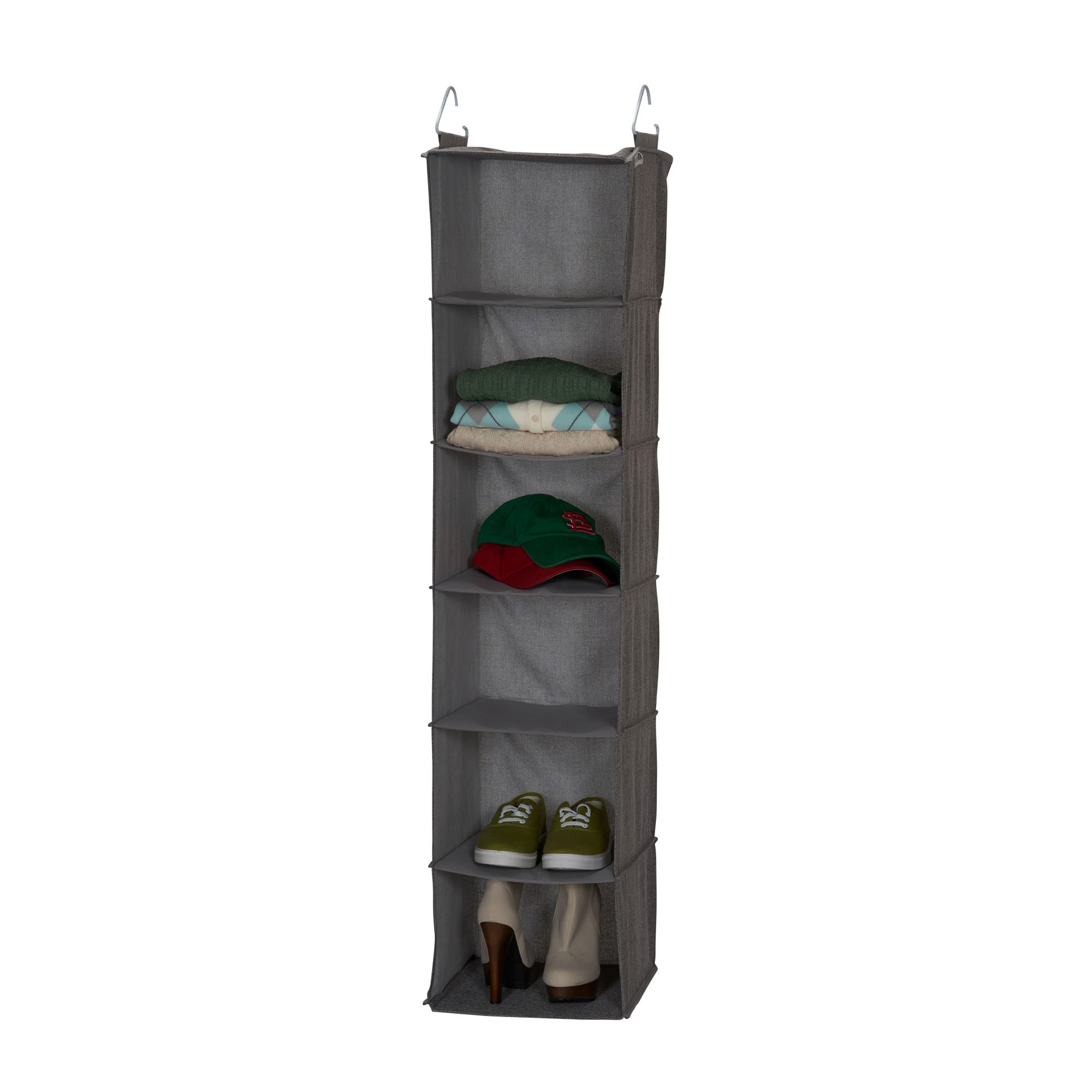 6-Shelf Linen Closet Organizer with Hanging Hooks - Space Saving Storage for Bedroom, Bathroom & Laundry Room - Gray Fabric Shelving Unit for Towels, Clothes & Household Essentials