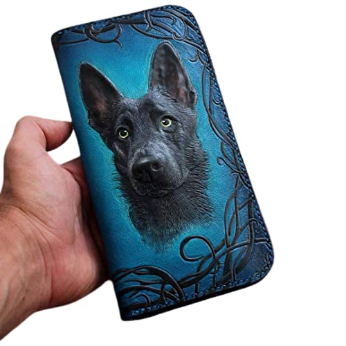 Handcrafted 3D Genuine Leather Biker Wallet for Men - Custom Engraved German Shepherd Design - Personalized Long Leather Wallet for Motorcycle Riders & Gift Giving