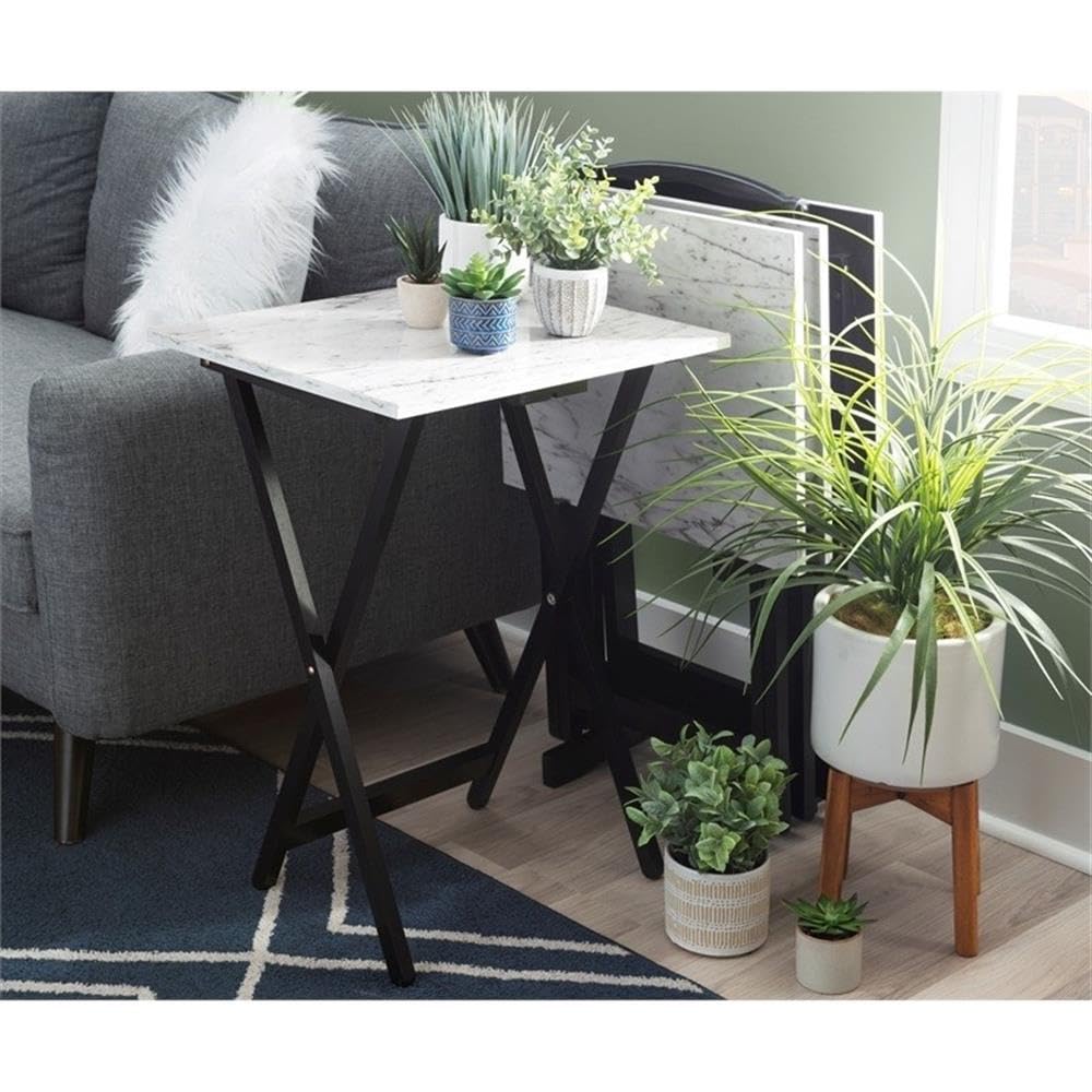 Pemberly Row 5-Piece Marble Folding Tray Table Set with Stand in White and Black - Perfect for Living Room, Bedroom, or Outdoor Entertaining