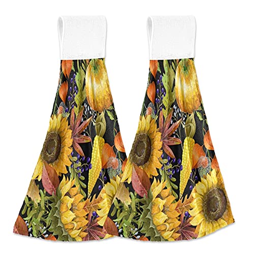 2 Pack Fall Kitchen Towels - Autumn Sunflower Pumpkin Pattern Hanging Hand Towels with Loop | Soft Microfiber Coral Velvet Dish Towels for Kitchen, Bathroom | Absorbent Washcloth for Holiday Decor, Thanksgiving, Home Decor