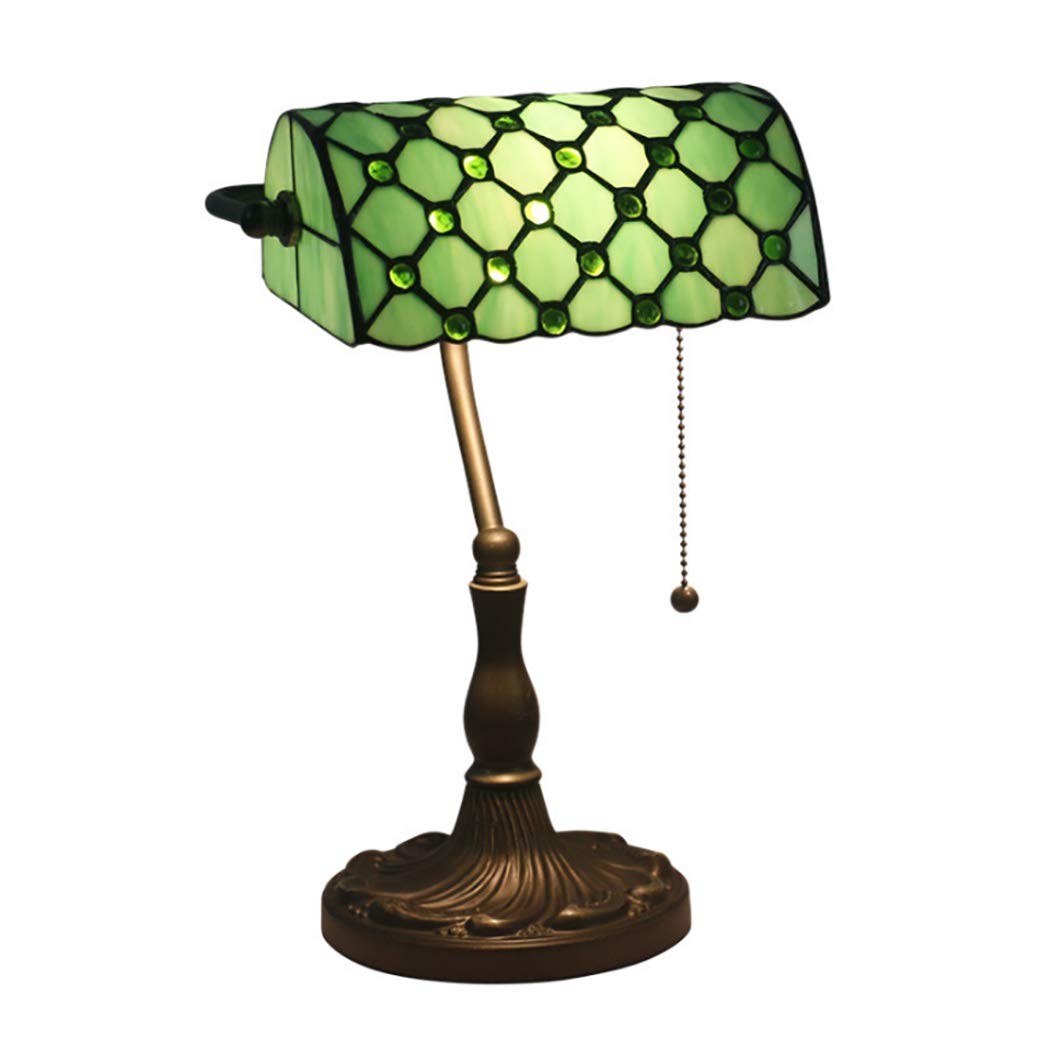 10 Inch Tiffany Style Stained Glass Banker Desk Lamp - Green Zinc Alloy Base with Pull Cord Switch - Perfect for Office, Bedroom, Study & Reading Nook