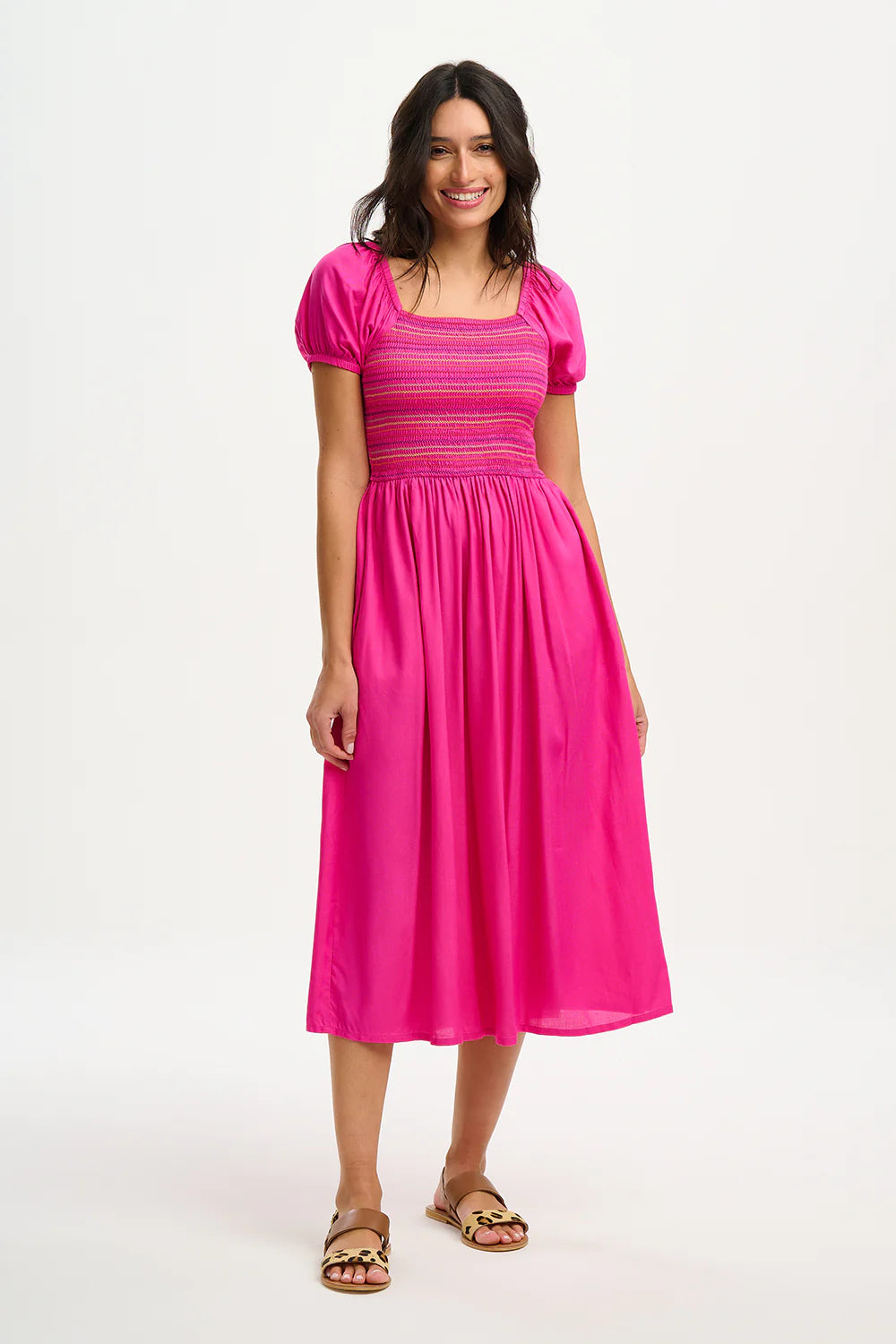 Octavia Midi Shirred Dress - Dark Pink Rainbow Shirring | Flowy Summer Dress for Women | Perfect for Beach Vacations, Date Nights & Brunch Outings