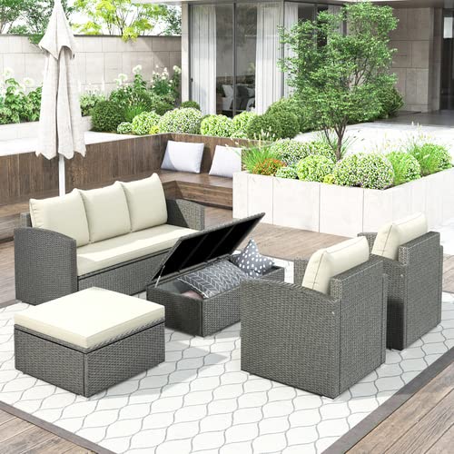5-Piece All-Weather PE Rattan Patio Furniture Set - Outdoor Wicker Sectional Sofa with Cushions, Coffee Table & Ottoman - Perfect for Garden, Backyard, Poolside & Balcony Relaxation