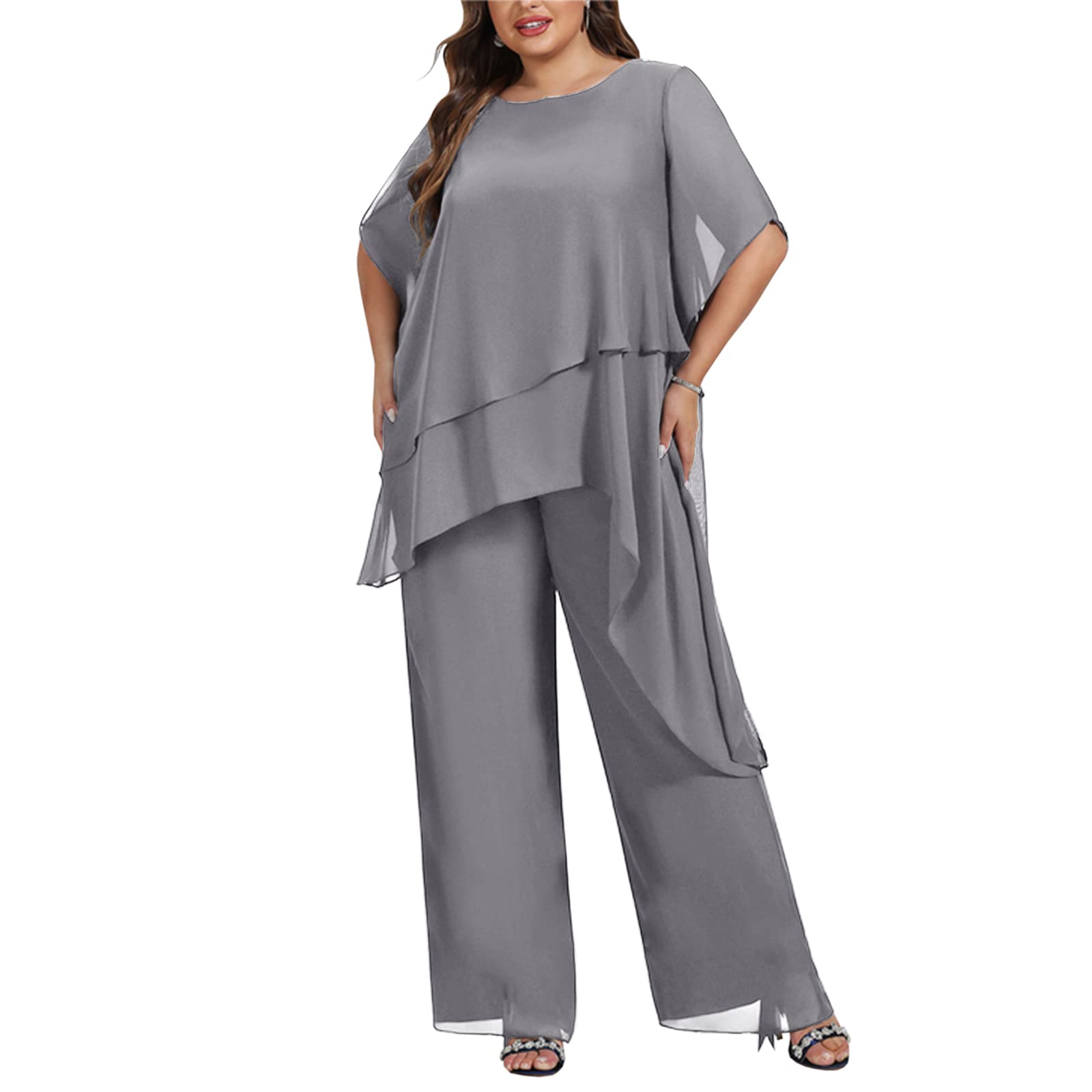 Zongqiven Women's 2-Piece Plus Size Mother of the Bride Pant Suit Set - Flowy Chiffon Asymmetric Tunic & Pants Outfit for Weddings, Parties & Special Occasions