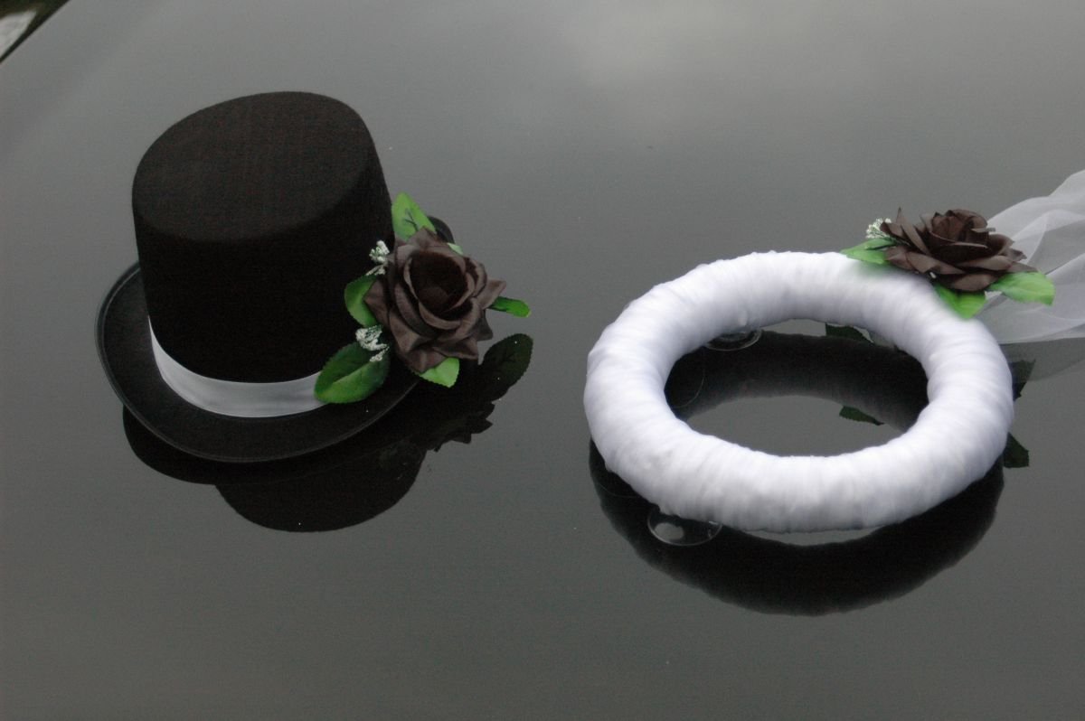 Elegant Black Wedding Car Decorations - Veil, Hat & Rose Jewelry for Bridal Couple | Perfect for Wedding Day, Anniversary & Romantic Getaway Car Decor