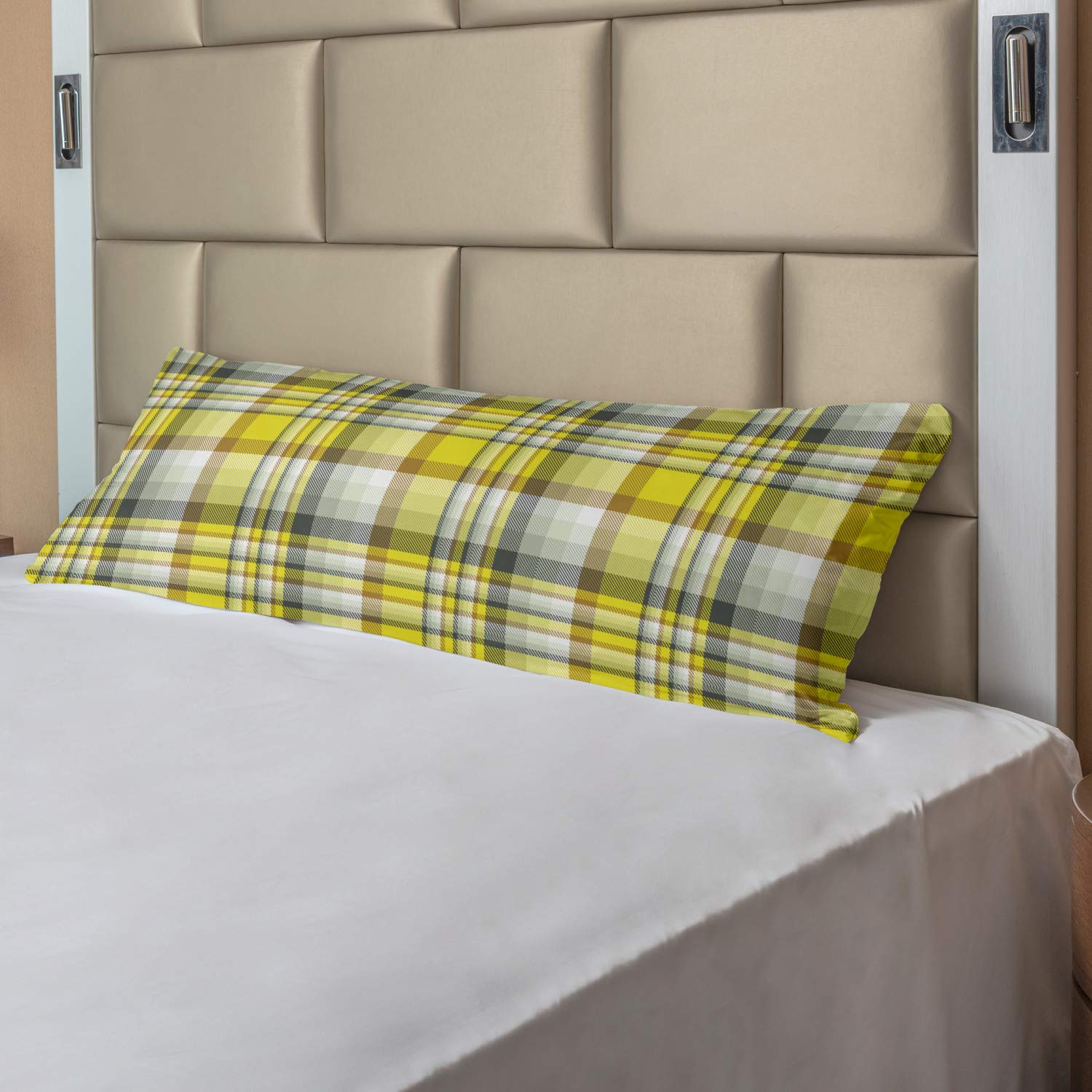 Ambesonne Plaid Body Pillow Case - Grey Yellow Madras, 21x54
