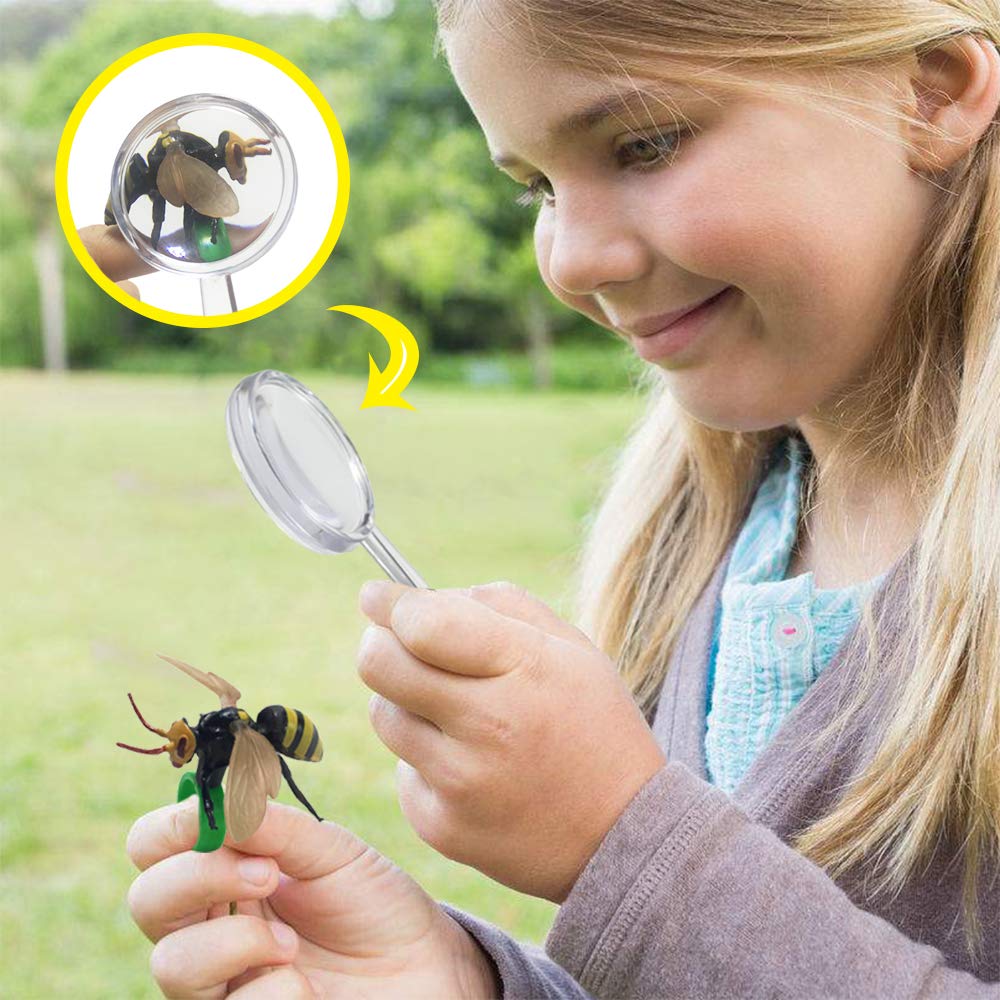 Realistic Insect Toy Figures Set - 6PCS Bug Finger Rings with Magnifying Glass | Dragonfly, Butterfly, Grasshopper, Bee, Ladybug, Cicada | Pretend Play Educational Toys for Kids Outdoor Exploration & Science Learning