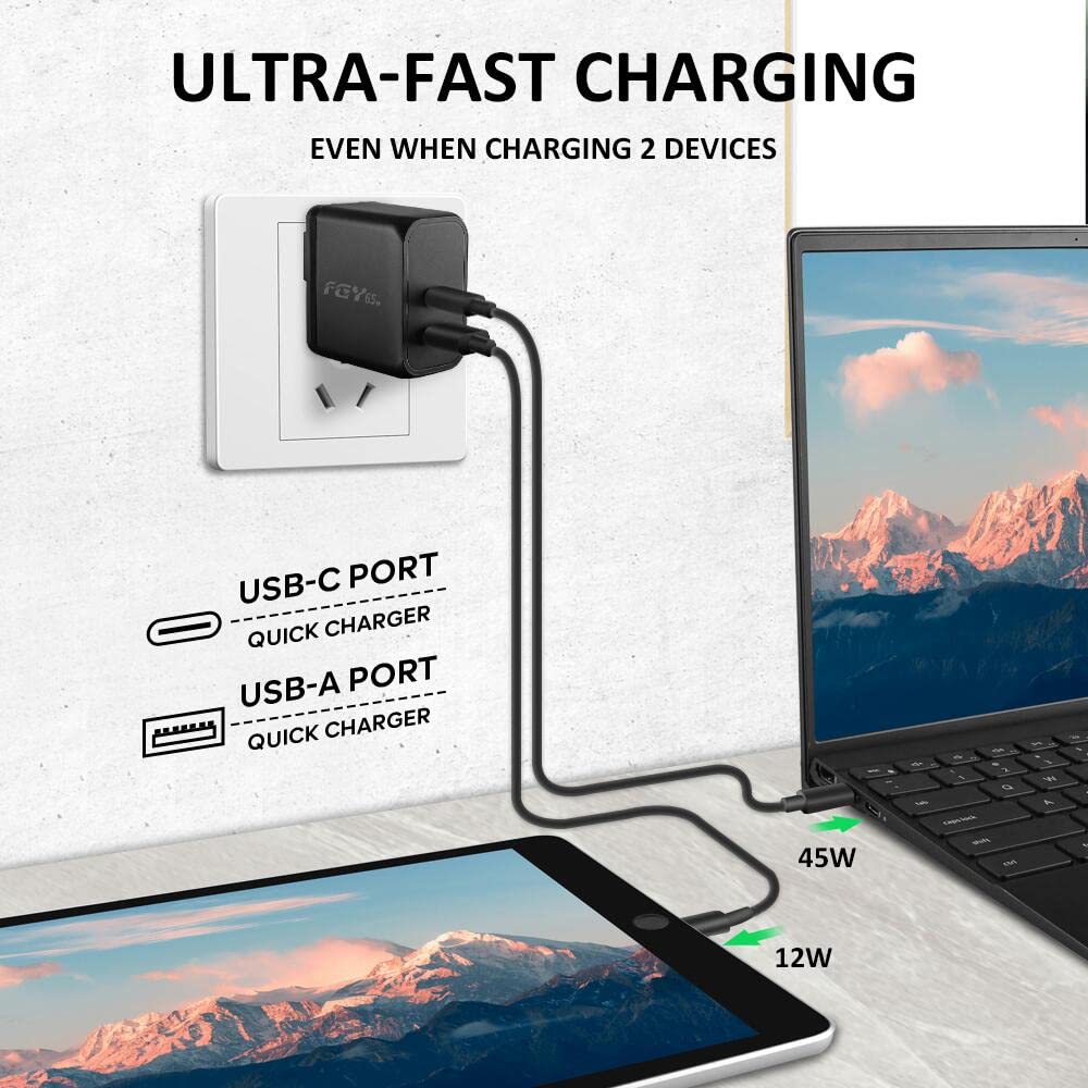 65W GaN II USB C Fast Wall Charger - Dual Port PD Charging Block with Foldable Plug for MacBook Air/Pro, iPhone 16/15, Samsung Galaxy - Perfect for Travel, Office & Home Charging