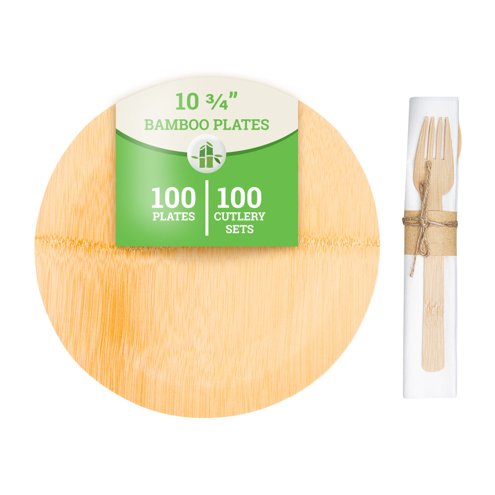 100-Piece Natural Bamboo Veneer Dinner Plates & Flatware Set - Eco-Friendly Disposable Plates & Utensils for Parties, Picnics, and Events