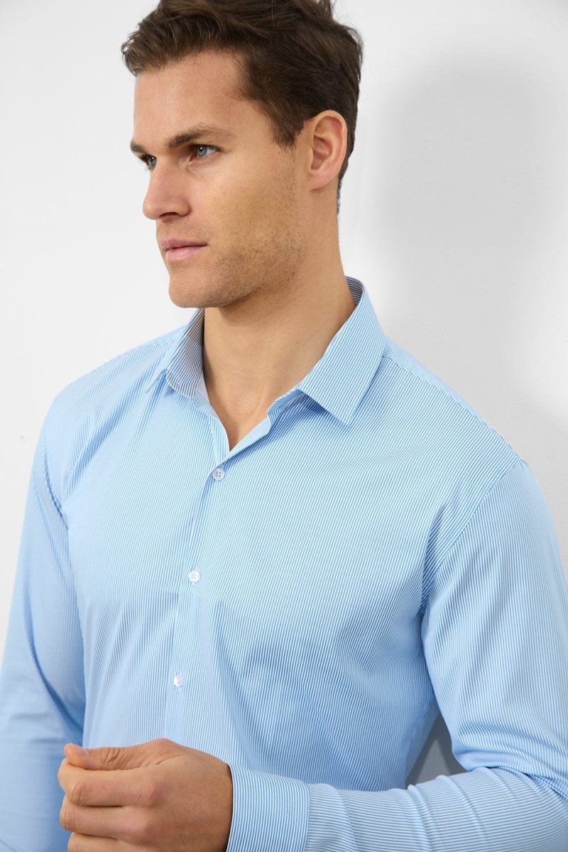 Premium Performance Business Shirt - Blue & White Bengal Stripe - Comfortable Office Wear for Professionals & Formal Occasions