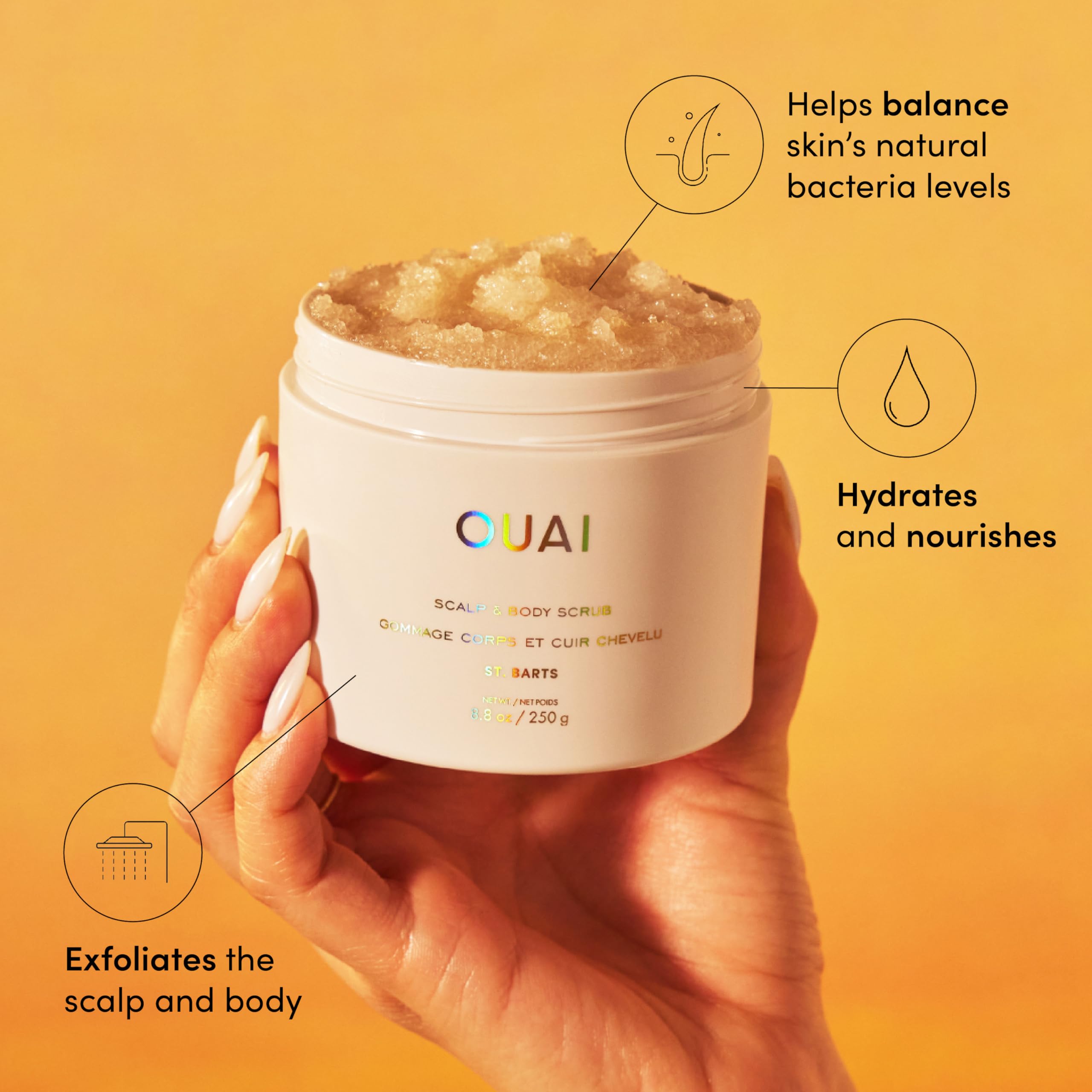 OUAI St. Barts Body Care Gift Set - 4-Piece Luxury Skincare Bundle with Hydrating Body Wash, Moisturizing Cream & Exfoliating Scrubs (For Travel & Home Spa)