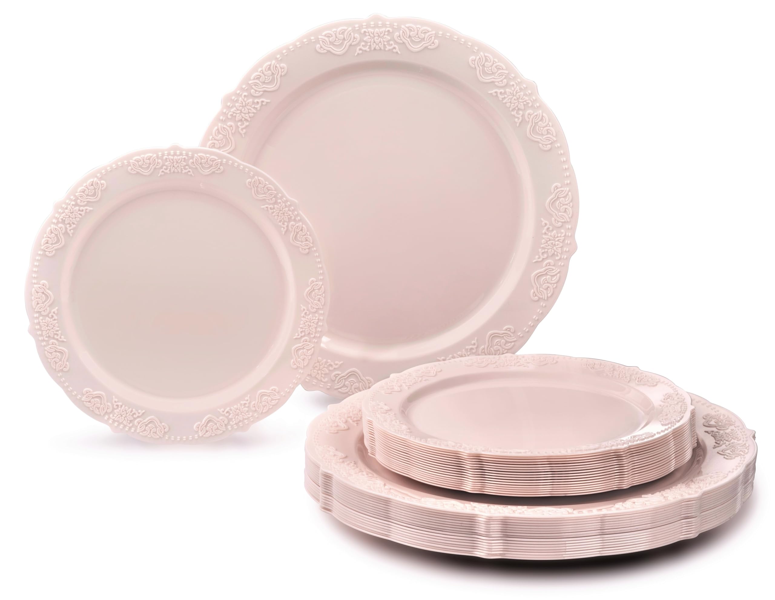 240-Pack Vintage Disposable Plastic Plates Set for Weddings & Parties - 120x10.25'' Dinner Plates + 120x7.5'' Salad/Dessert Plates in Portofino Light Pink/Blush - Perfect for Wedding Receptions, Bridal Showers, Birthday Parties & Catering Events