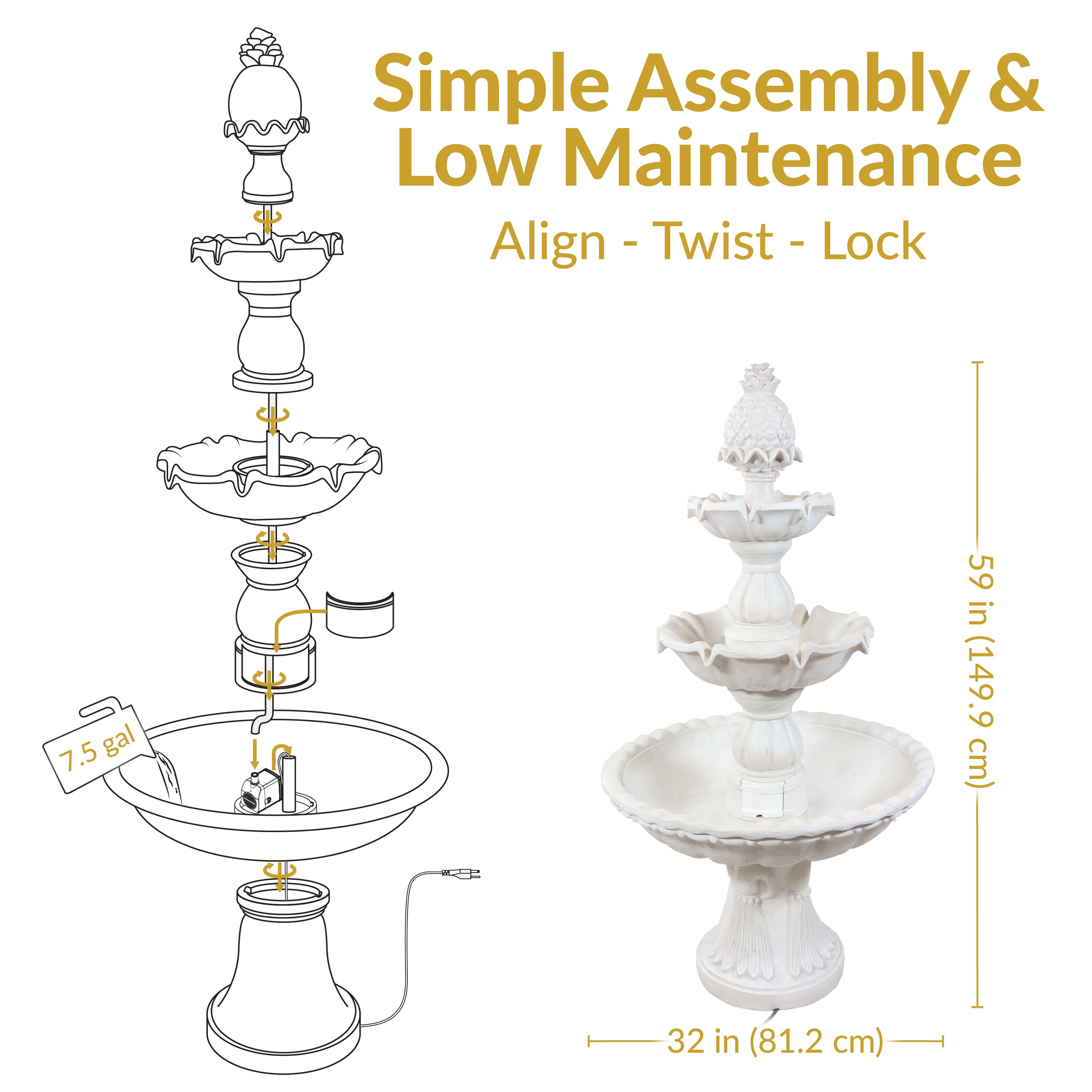 Sunnydaze 3-Tier Outdoor Water Fountain for Garden - Relaxing Garden Decor with Cascading Waterfall - Perfect for Patio, Yard, and Backyard Landscaping