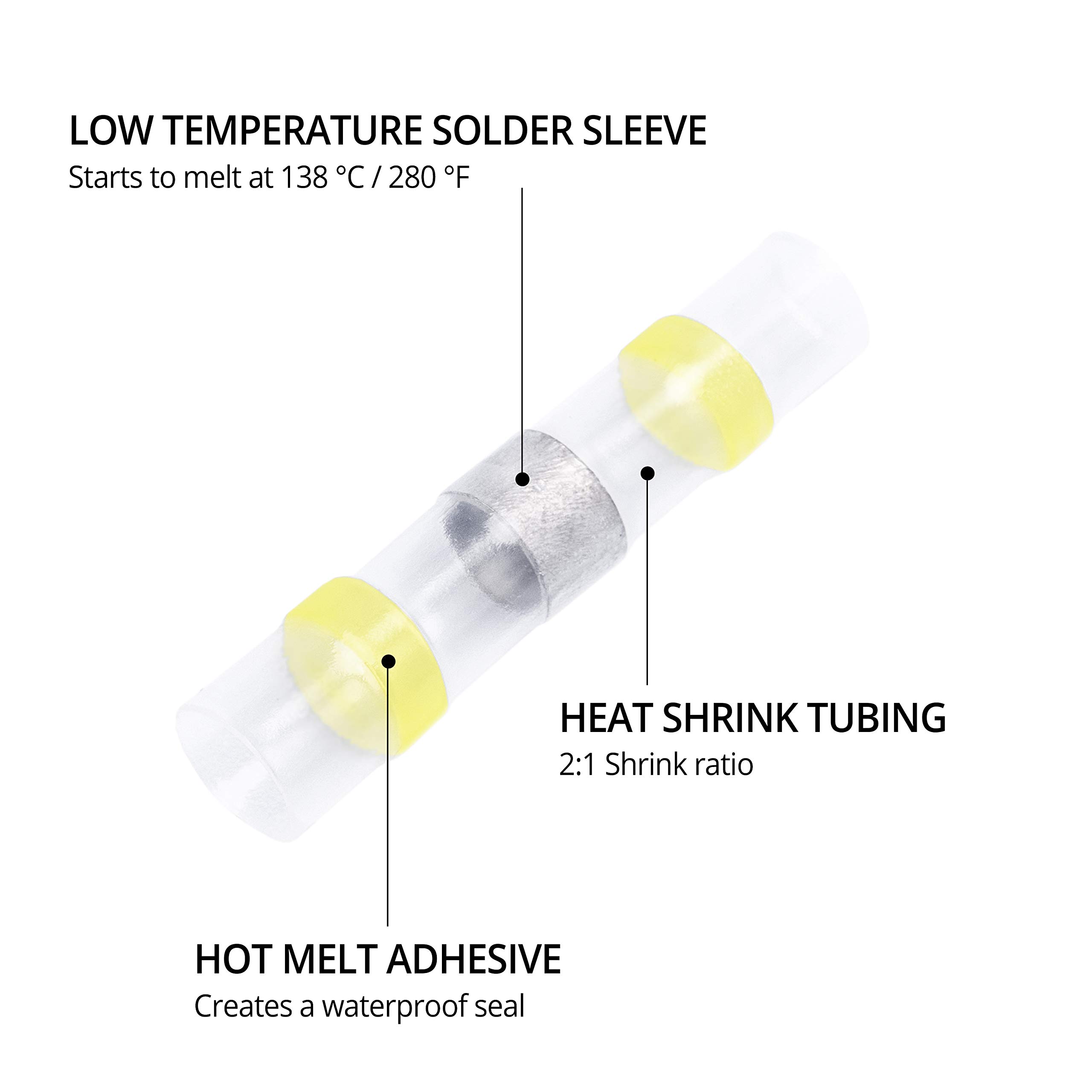 Wirefy 100 PCS Heat Shrink Solder Seal Wire Connectors - Waterproof Self-Soldering Butt Connectors for 12-10 AWG Wires (Yellow) - Ideal for Automotive, Marine & Electrical Repairs