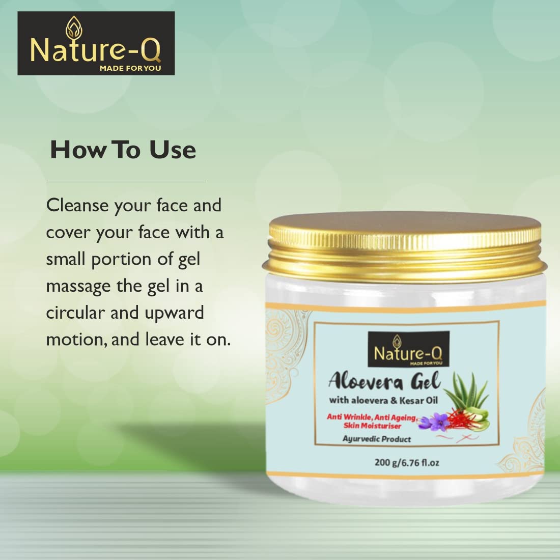 Nature Q Pure Aloe Vera Gel 200g with Aloe Vera & Saffron Oil for Face & Hair – Hydrating, Moisturizing, Soothing Skin Care (Paraben Free) | Perfect for Sunburn Relief, Dry Skin Treatment & Hair Conditioning