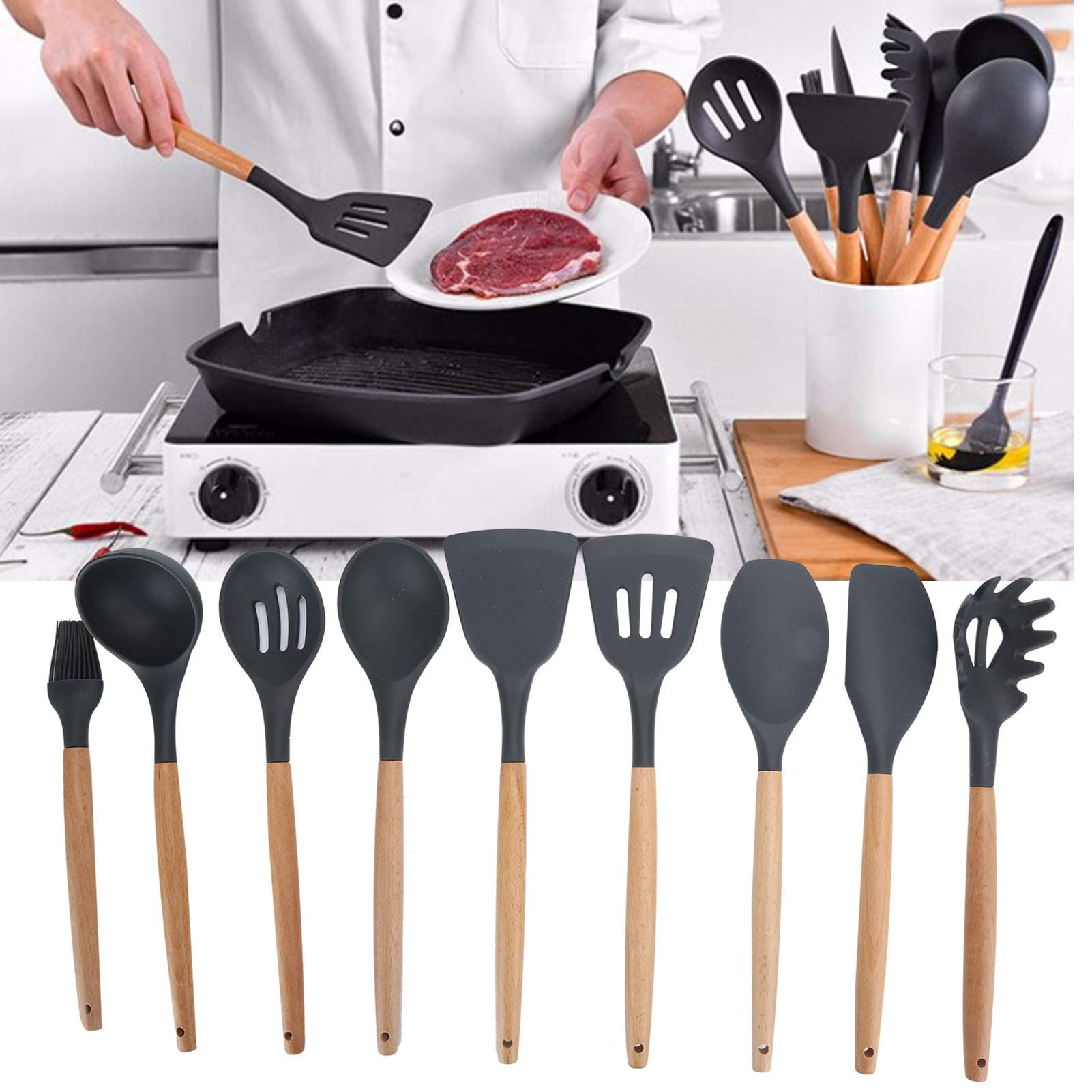 Liyeehao 9-Piece Silicone Kitchen Utensil Set - Non-Stick Cooking & Baking Tools for Mixing, Stirring, Flipping - Perfect for Home Chefs & Bakers (Ideal for Cookies, Pancakes, Cakes, Soups & More)