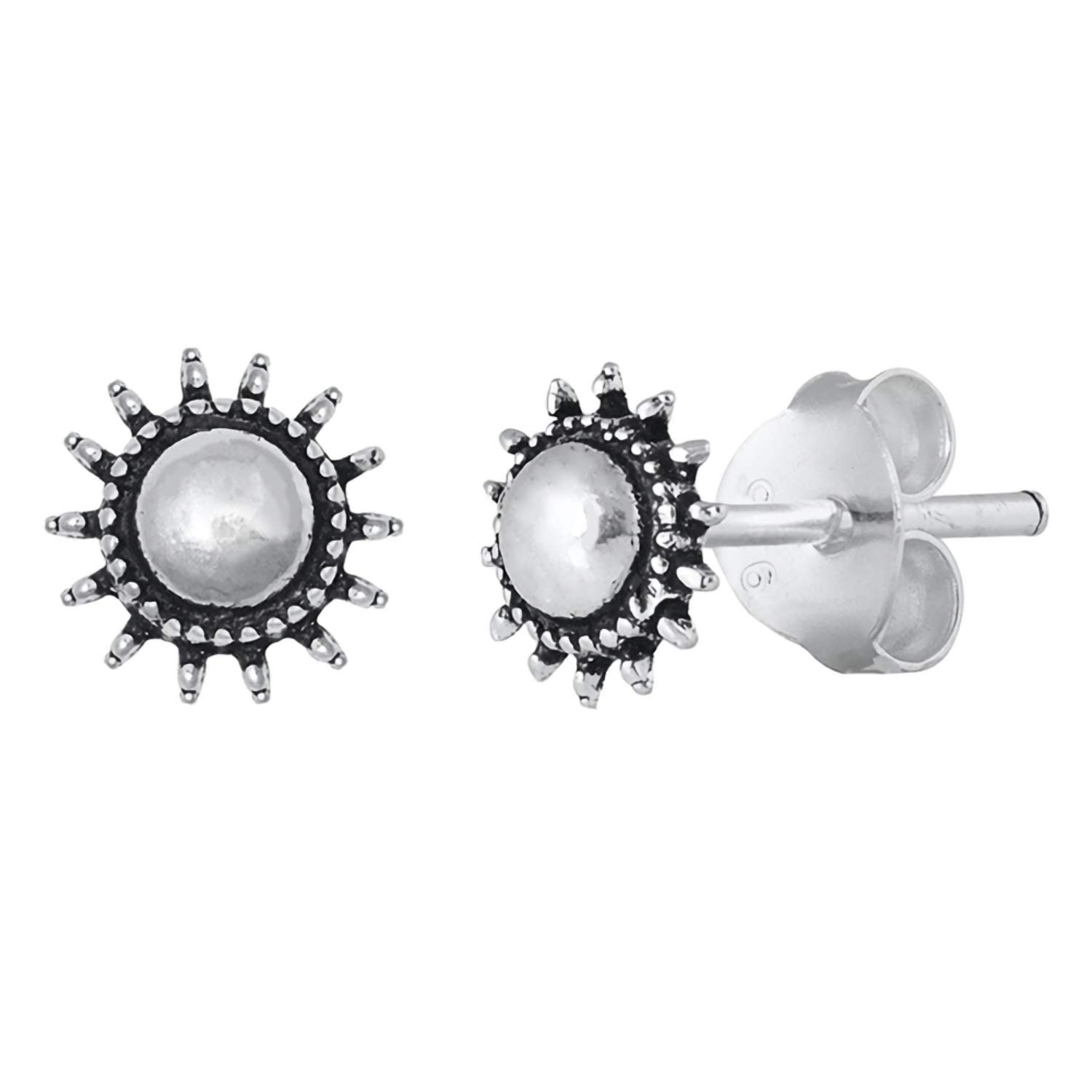 Bali Sun Earrings - 925 Sterling Silver 7mm Tiny Push Back Stud Earrings for Women | Dainty Boho Jewelry for Everyday Wear & Special Occasions