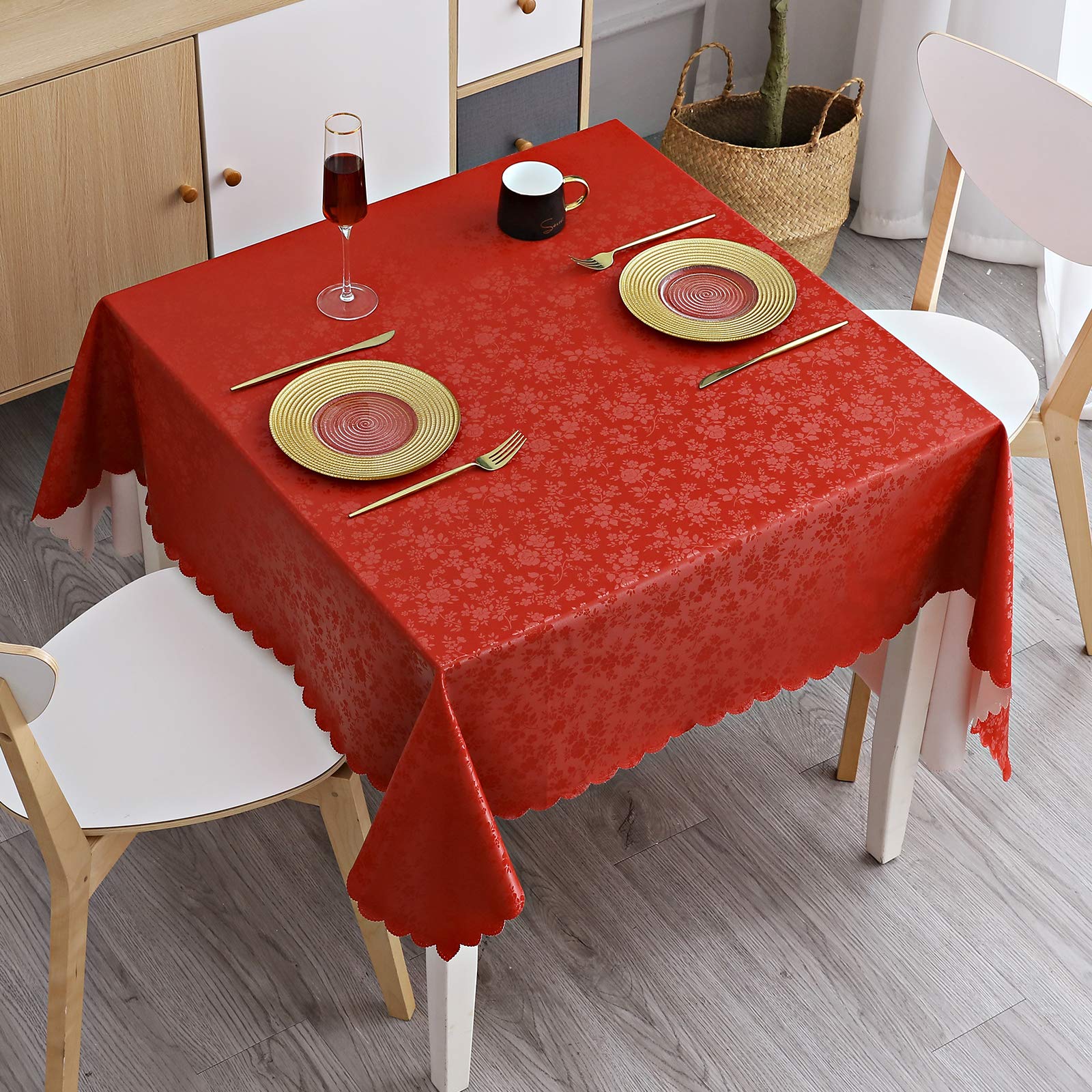 Smiry Square Waterproof Vinyl Tablecloth - Heavy Duty, Wipeable & Washable Red Table Cover for Kitchen, Dining Room, Outdoor Picnics & Party Decor (54