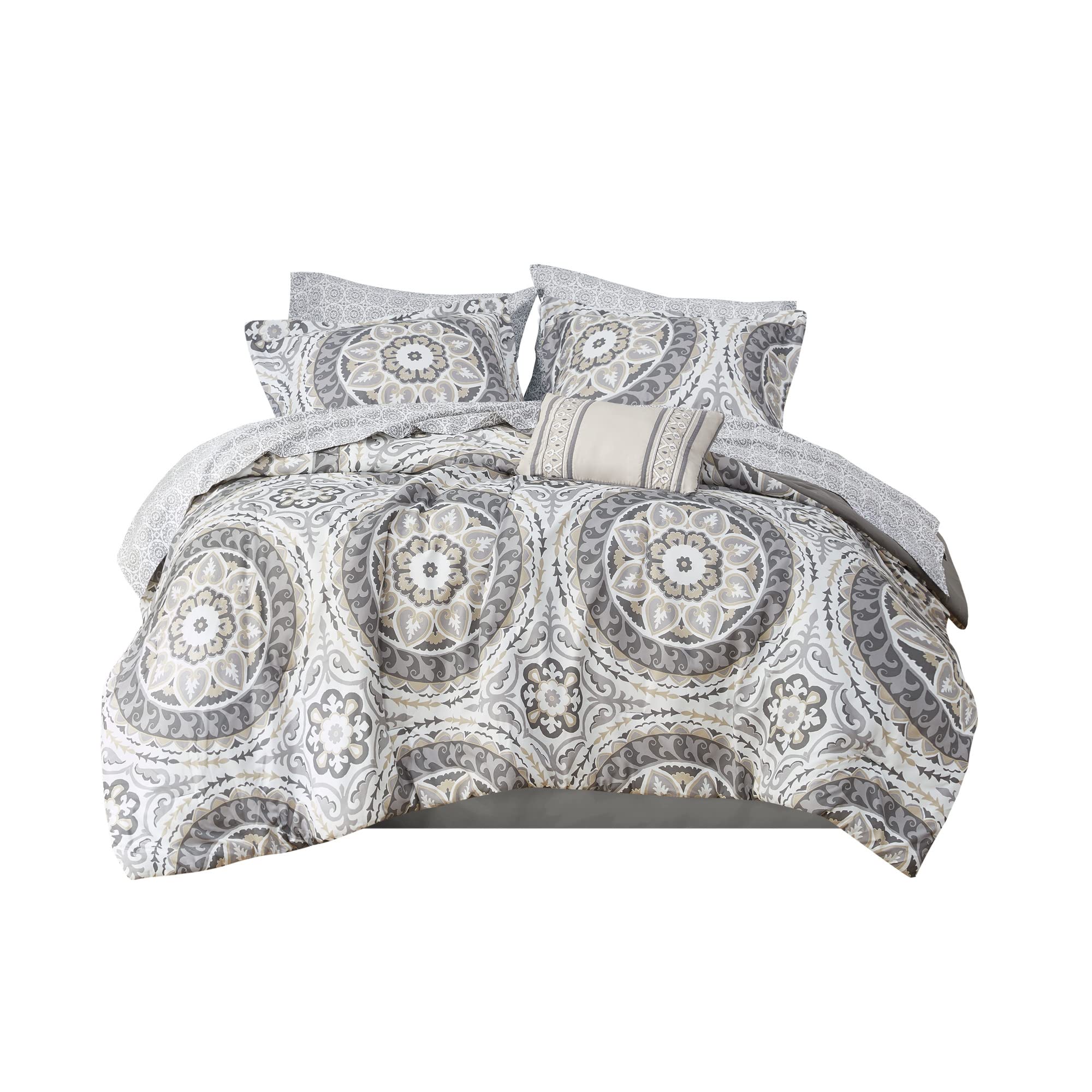 Madison Park Essentials Serenity 9-Piece Bed in a Bag Comforter Set - Medallion Damask Design, All-Season Cotton Bedding with Sheet Set & Bedskirt, Full Size (78