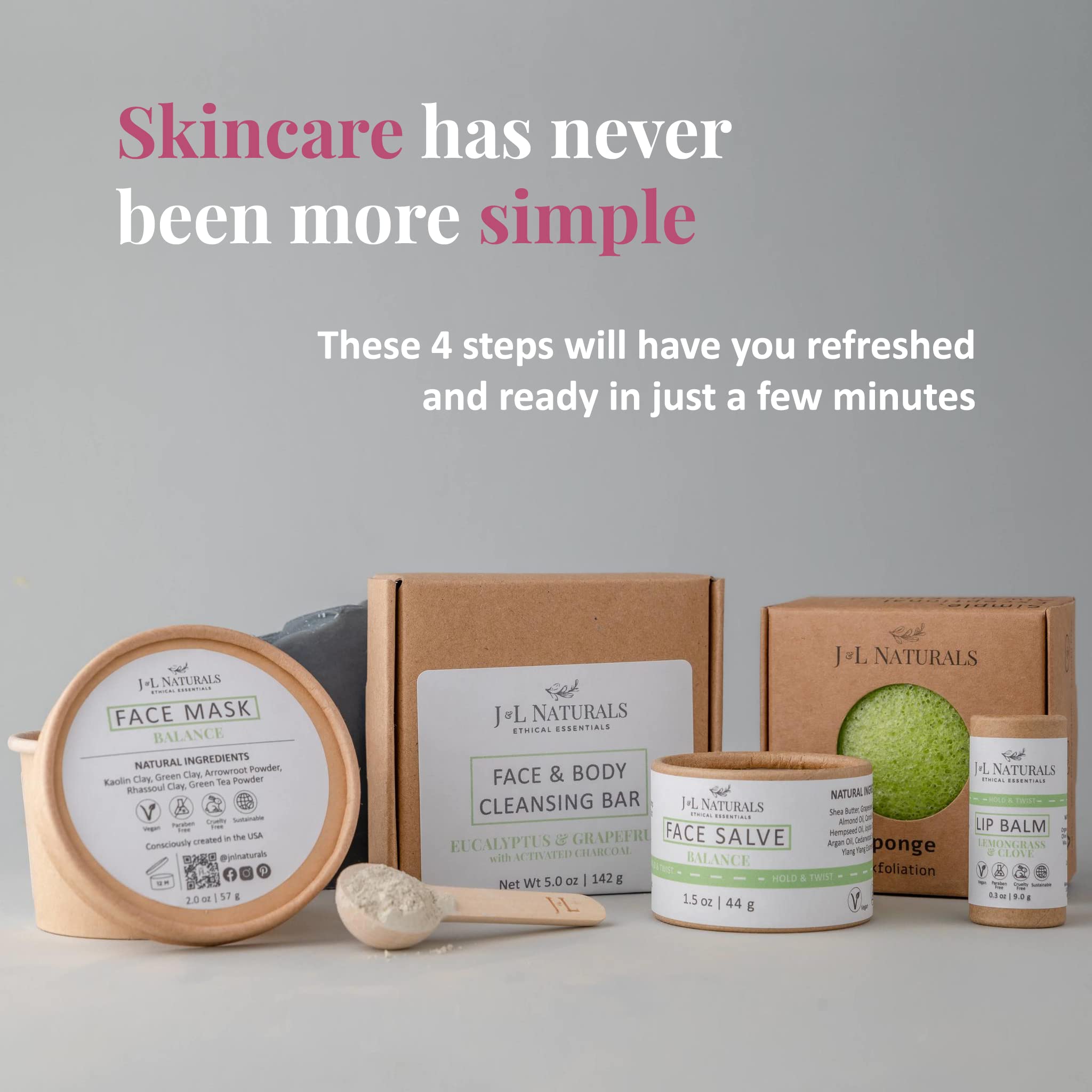 J&L Naturals Organic Skincare Kit - Cleansing Bar, Face Salve, Konjac Sponge & Lip Balm for Oily & Combination Skin | Zero Waste Beauty Routine | Perfect for Daily Facial Care & Eco-Friendly Lifestyle