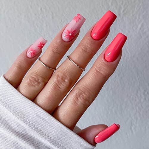24Pcs Glossy Pink Flower Press on Nails - Long Coffin Ballerina Fake Nails with Rustic Design, Full Cover Artificial Nail Tips for Women & Girls | Perfect for Parties, Weddings, and Special Occasions