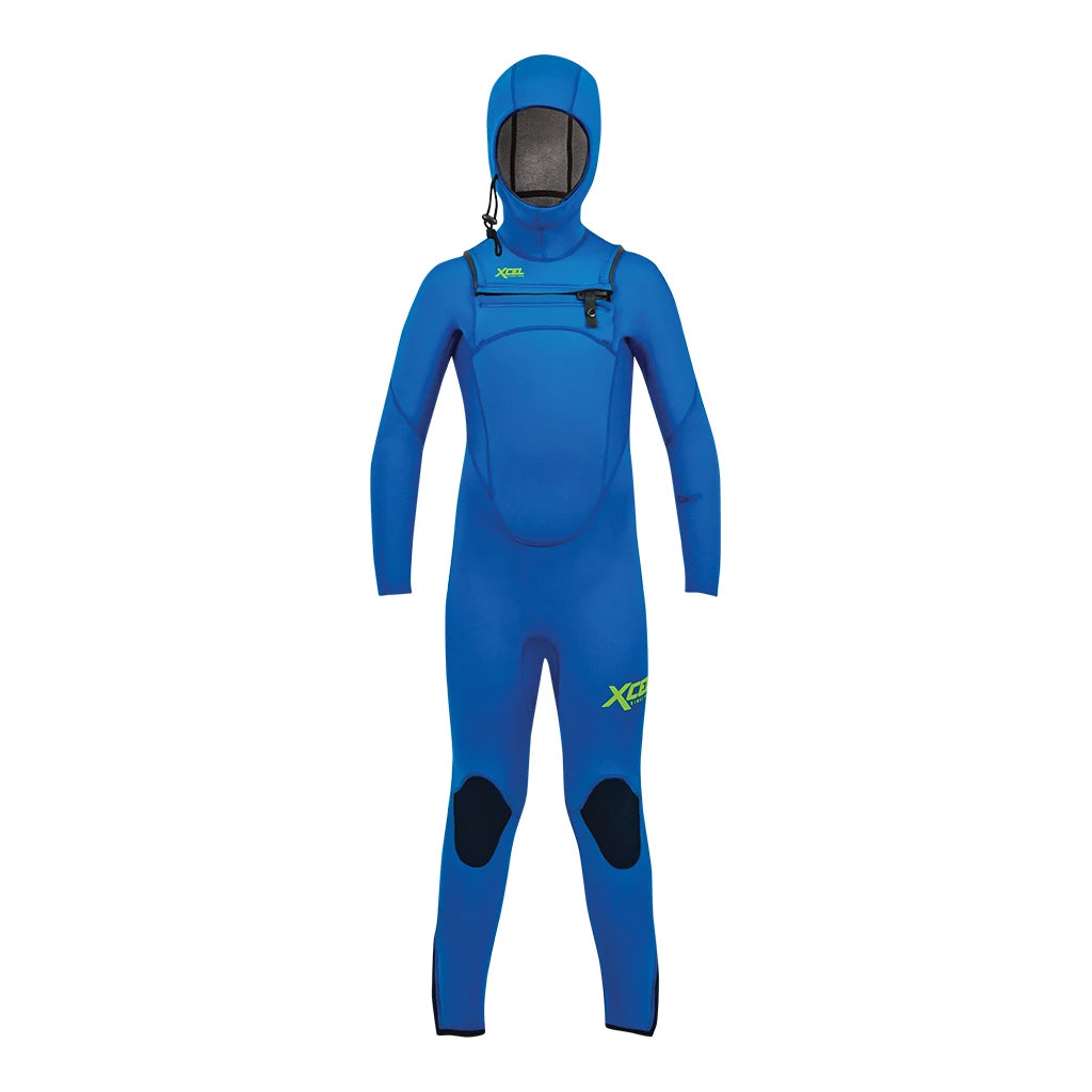XCEL Youth 4.5/3.5mm COMP Hooded Wetsuit with Front Zip & Ankle Zips in Faint Blue - Perfect for Surfing, Diving & Water Sports