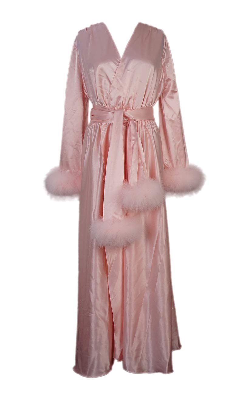Bridal Robe for Getting Ready - Soft Satin Morning Pajamas with Feather Trim, Long Party Dress for Wedding, Bachelorette & Spa Day - Perfect for Bridal Shower, Photoshoots & Relaxation