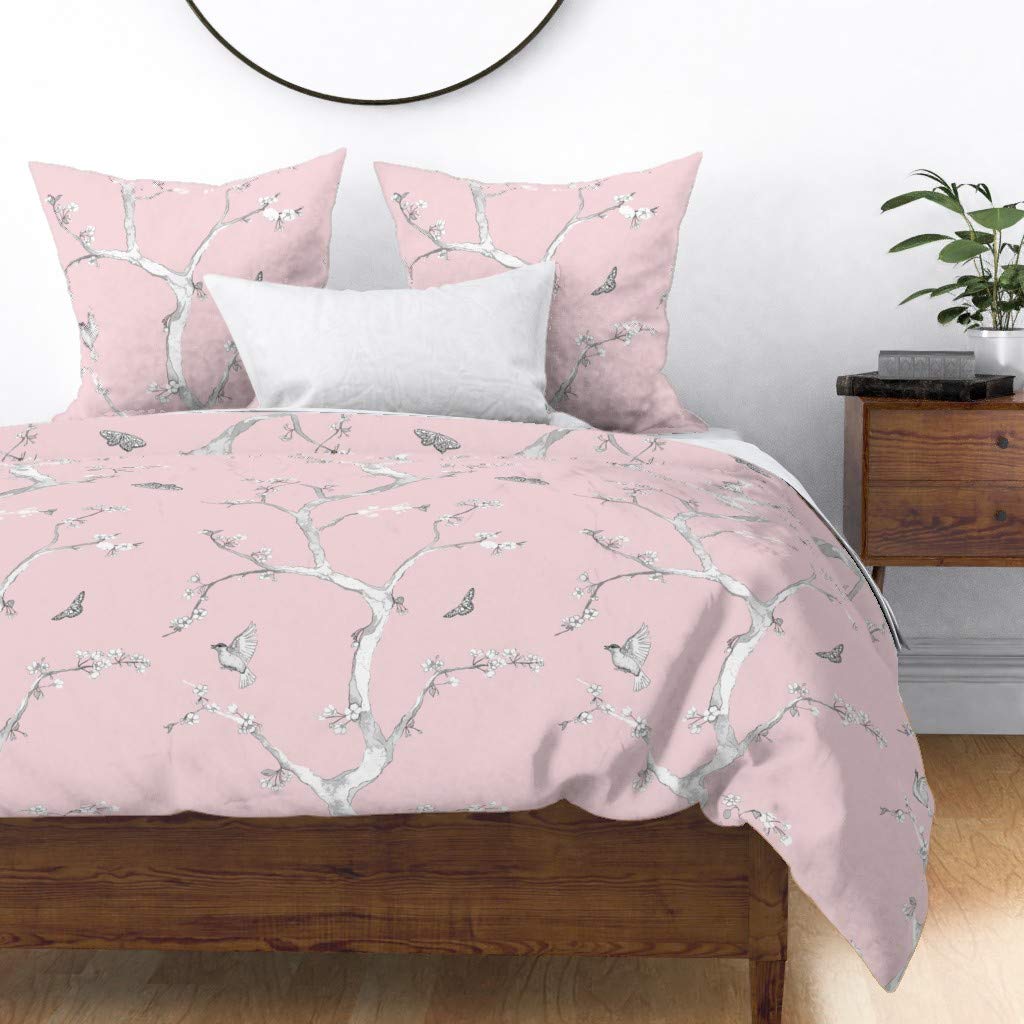 Premium Cotton Sateen Duvet Cover King/California King Size - Elegant Chinoiserie Floral Design with Tree, Bird & Butterfly Pink Pattern | Custom Luxury Bedding by Spoonflower | Perfect for Master Bedroom, Guest Room & Home Decor