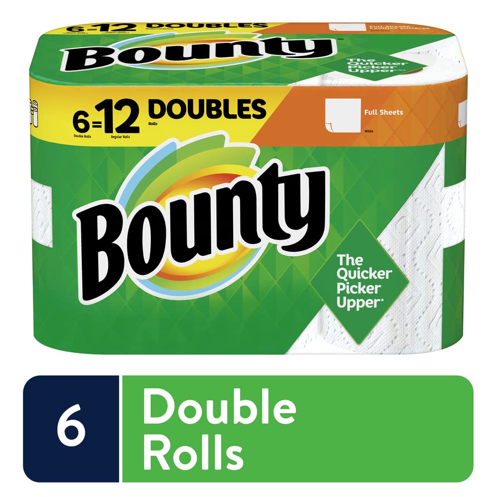 Bounty Full Sheet Paper Towels, White, 6 Double Rolls (12 Regular Rolls) - Ultra Absorbent & Strong for Kitchen, Cleaning & Household Use