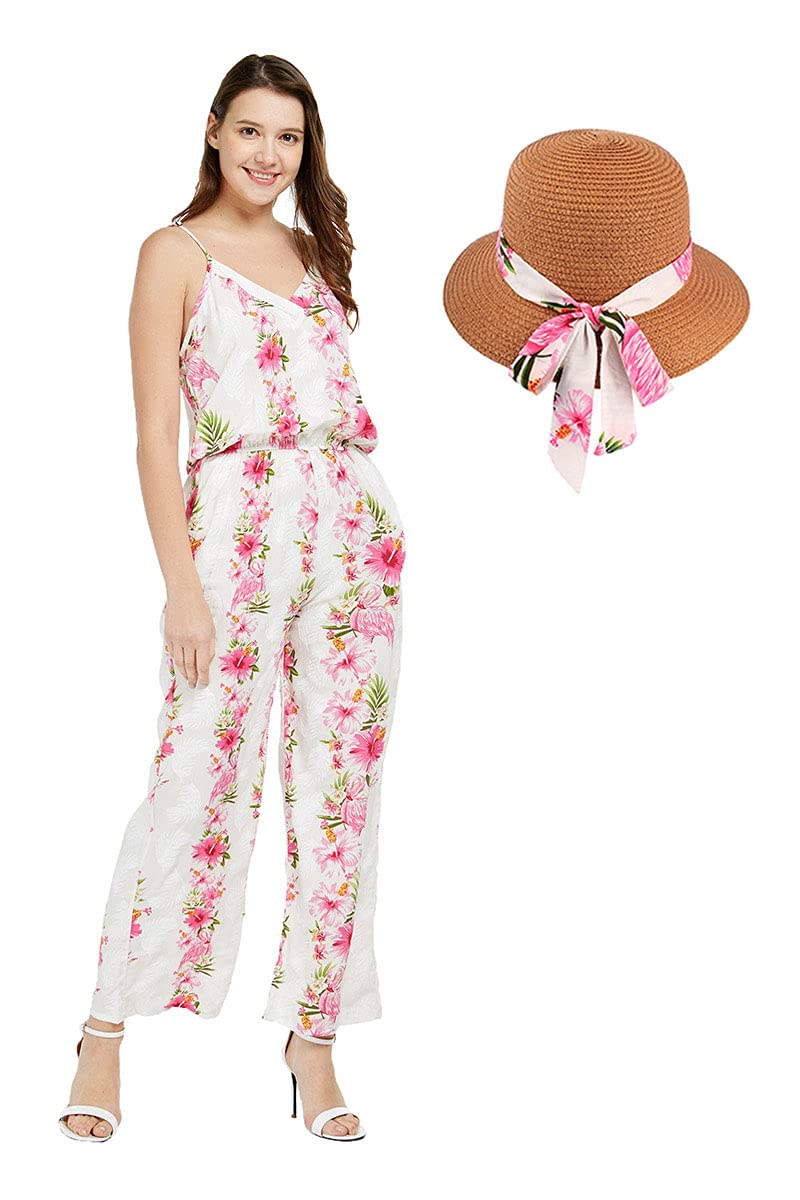 Women's Floral Print Hawaiian Jumpsuit with Pockets - Strappy V-Neck Romper in Pink Hibiscus Design | Beach Vacation, Summer Outfit, Tropical Party Wear