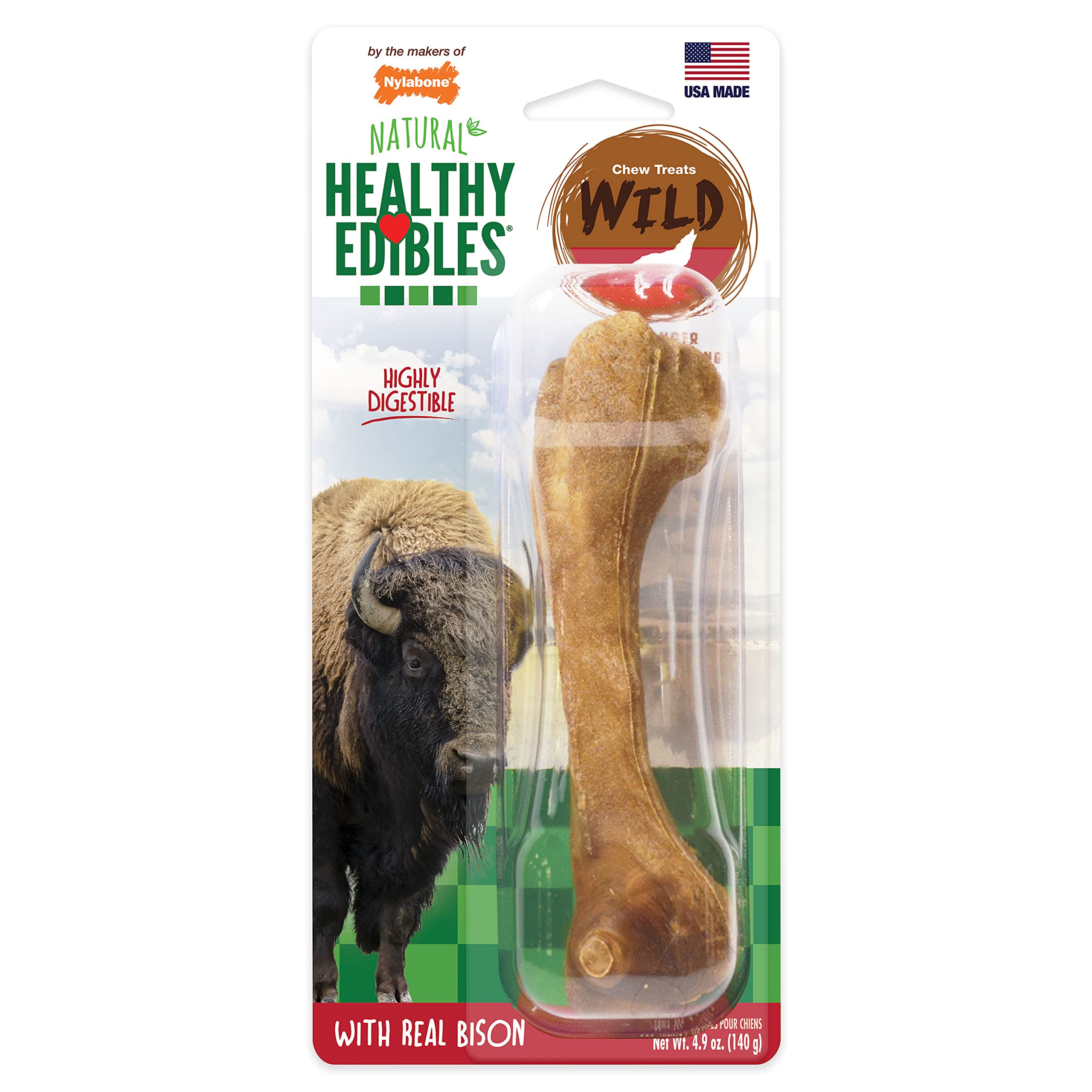Nylabone Healthy Edibles Wild Dog All Natural Bison Bone Dog Treats - Made in USA, Giant Size - Perfect for Large Breed Chewing & Dental Health