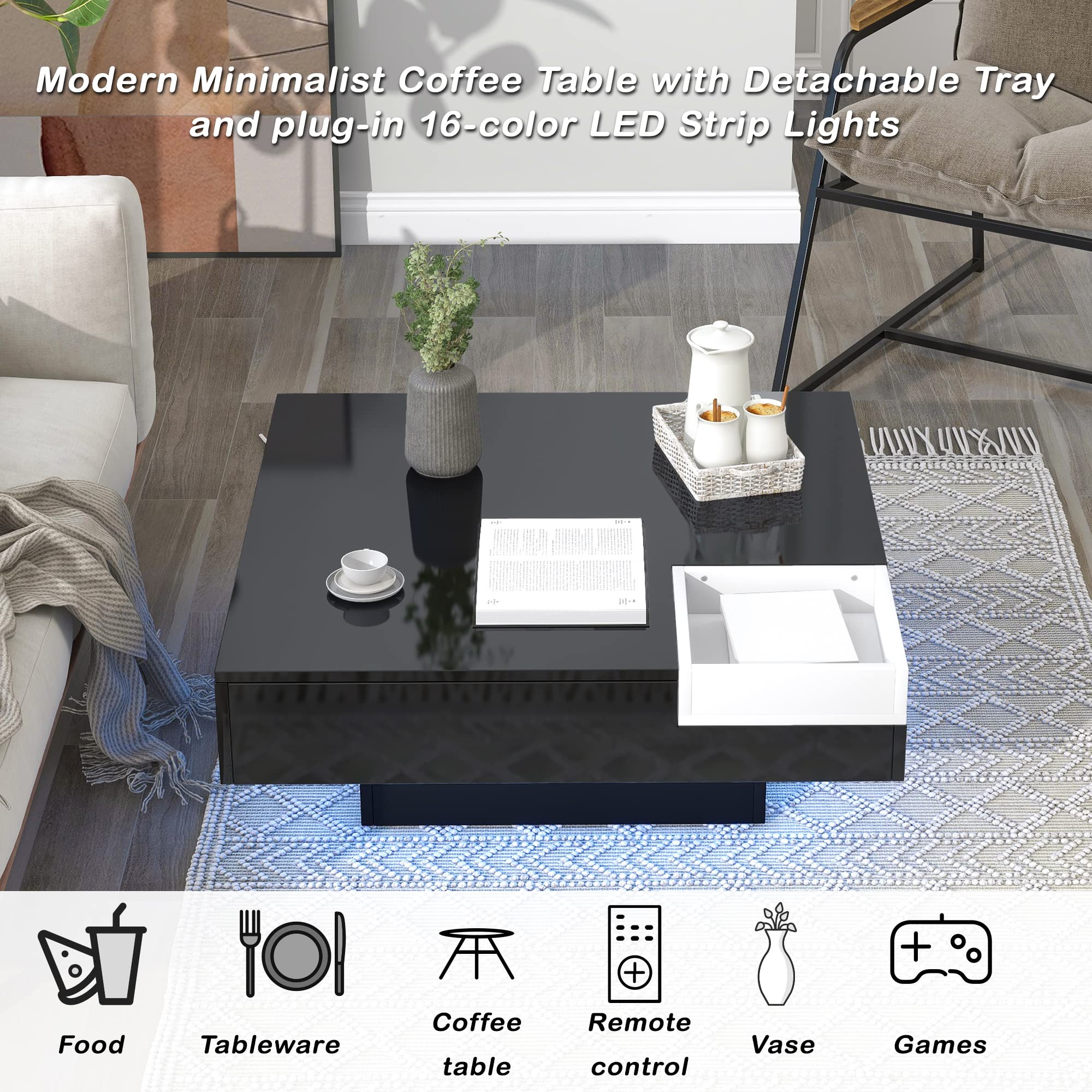 Modern Square Black LED Coffee Table with Detachable Tray - 16 Color RGB Lighting & Remote Control - Cocktail Table, Center Table for Living Room, Bedroom & Lounge Entertainment Spaces