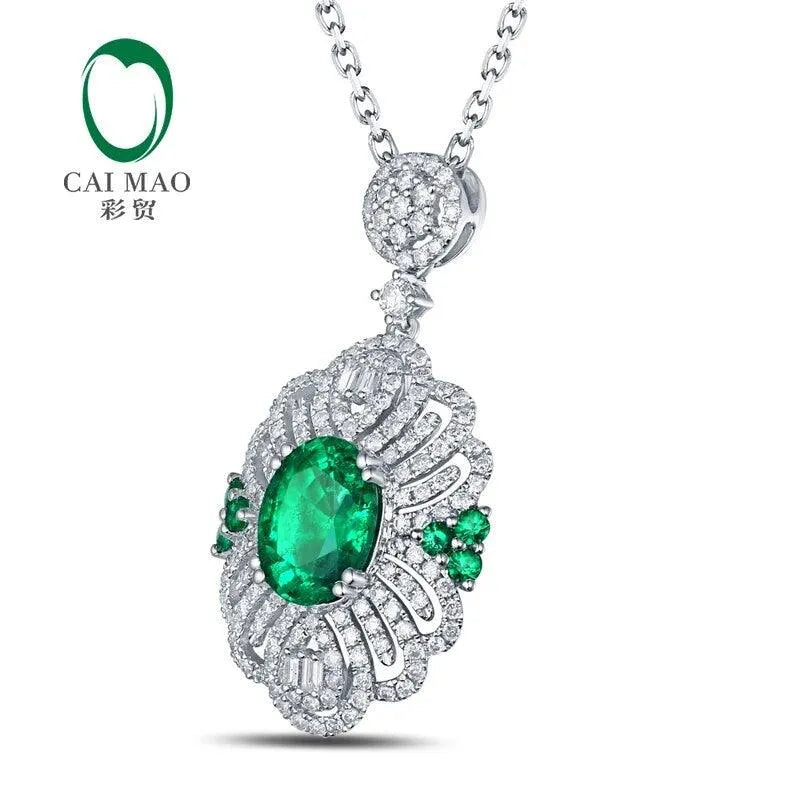 2.12ct Natural Emerald 14K White Gold Round Cut Diamond Pendant Necklace for Women - Elegant Jewelry Gift for Birthday, Anniversary & Special Occasions