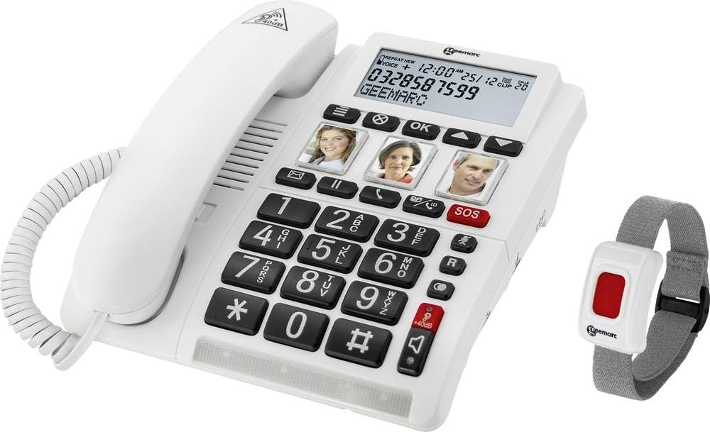 Geemarc CL610 Emergency Corded Telephone with SOS Waterproof Bracelet - Amplified Volume, Adjustable Photo Buttons for Seniors & Hearing Impaired - Home Safety Alert System for Elderly Living Alone