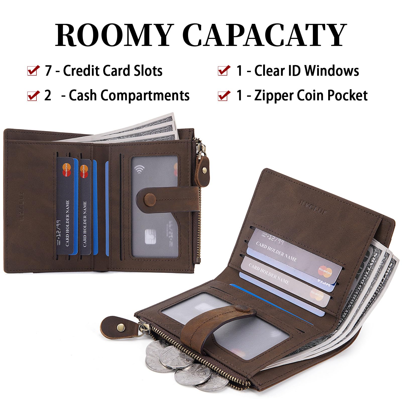 HKCLUF Women's Leather Bifold Wallet with RFID Blocking - Slim Credit Card Holder & Zipper Coin Purse - Dark Coffee | Perfect for Everyday Use, Travel, and Gift Giving