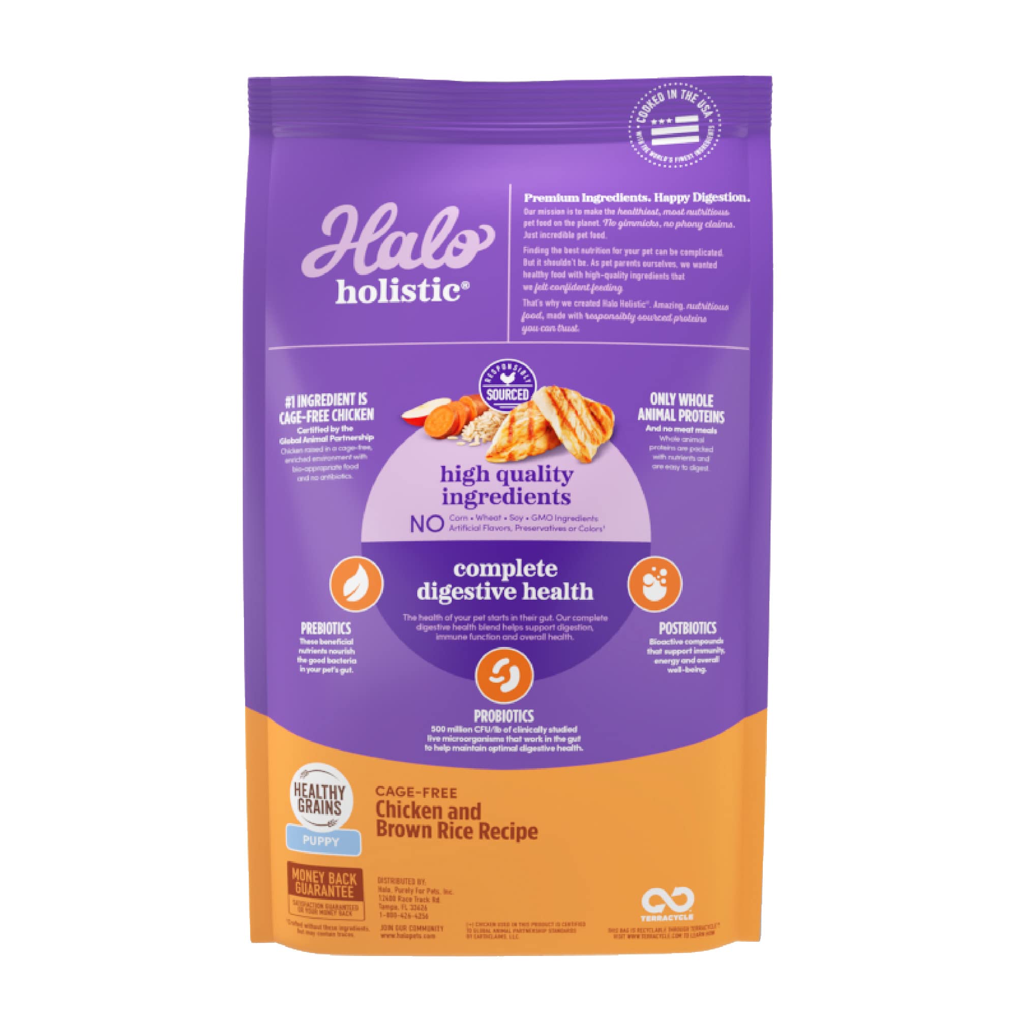 Halo Holistic Puppy Dry Dog Food - Cage Free Chicken & Brown Rice Recipe with Healthy Grains for Complete Digestive Health - 10 lb Bag - Perfect for Growing Puppies and Sensitive Stomachs