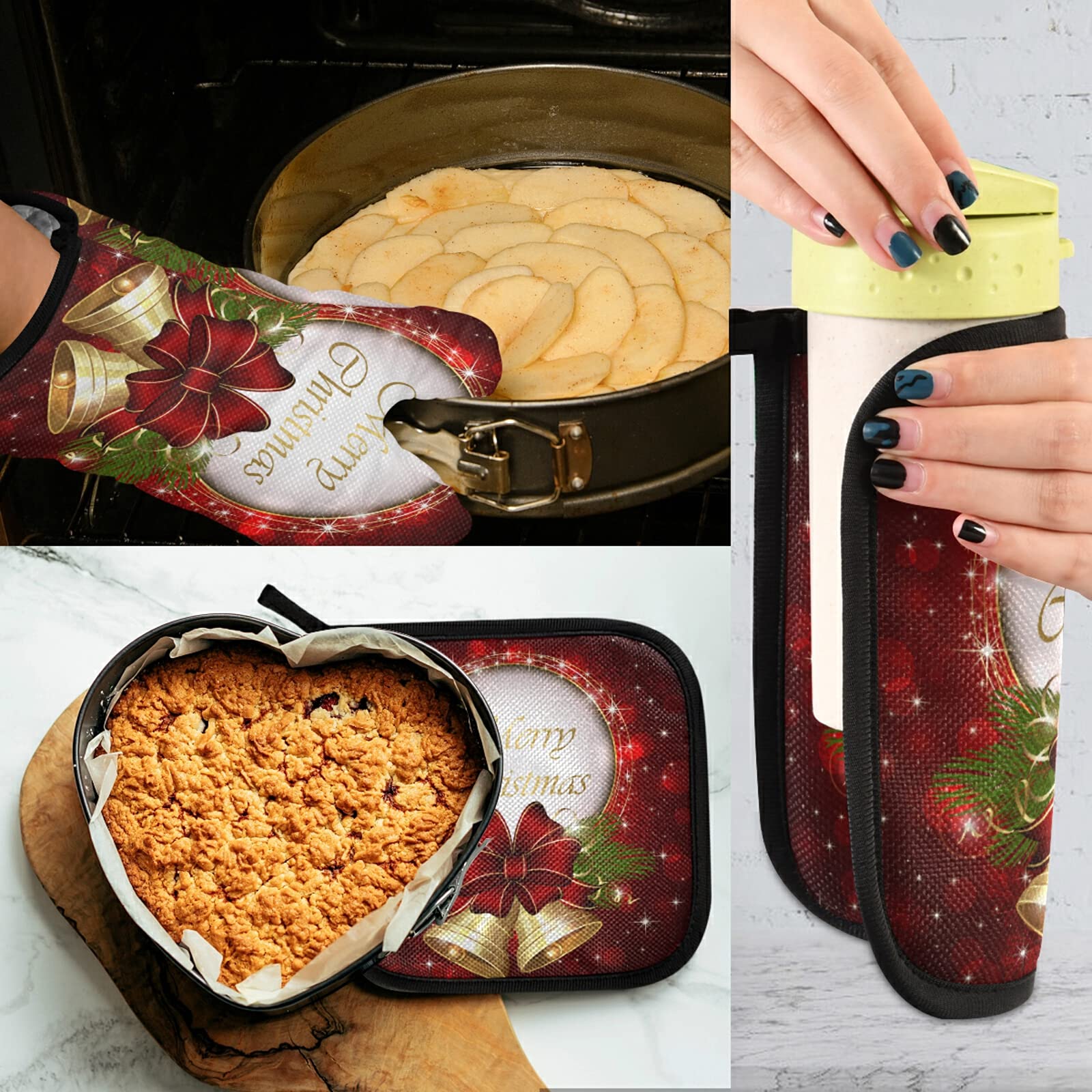 Aflyko Christmas Oven Mitt and Pot Holder Set - Heat Resistant Kitchen Gloves for Baking, BBQ, Grilling - Festive Holiday Decor with Bell Bow Snowflake Design - Perfect for Christmas Gifts, Home Cooking & Holiday Parties