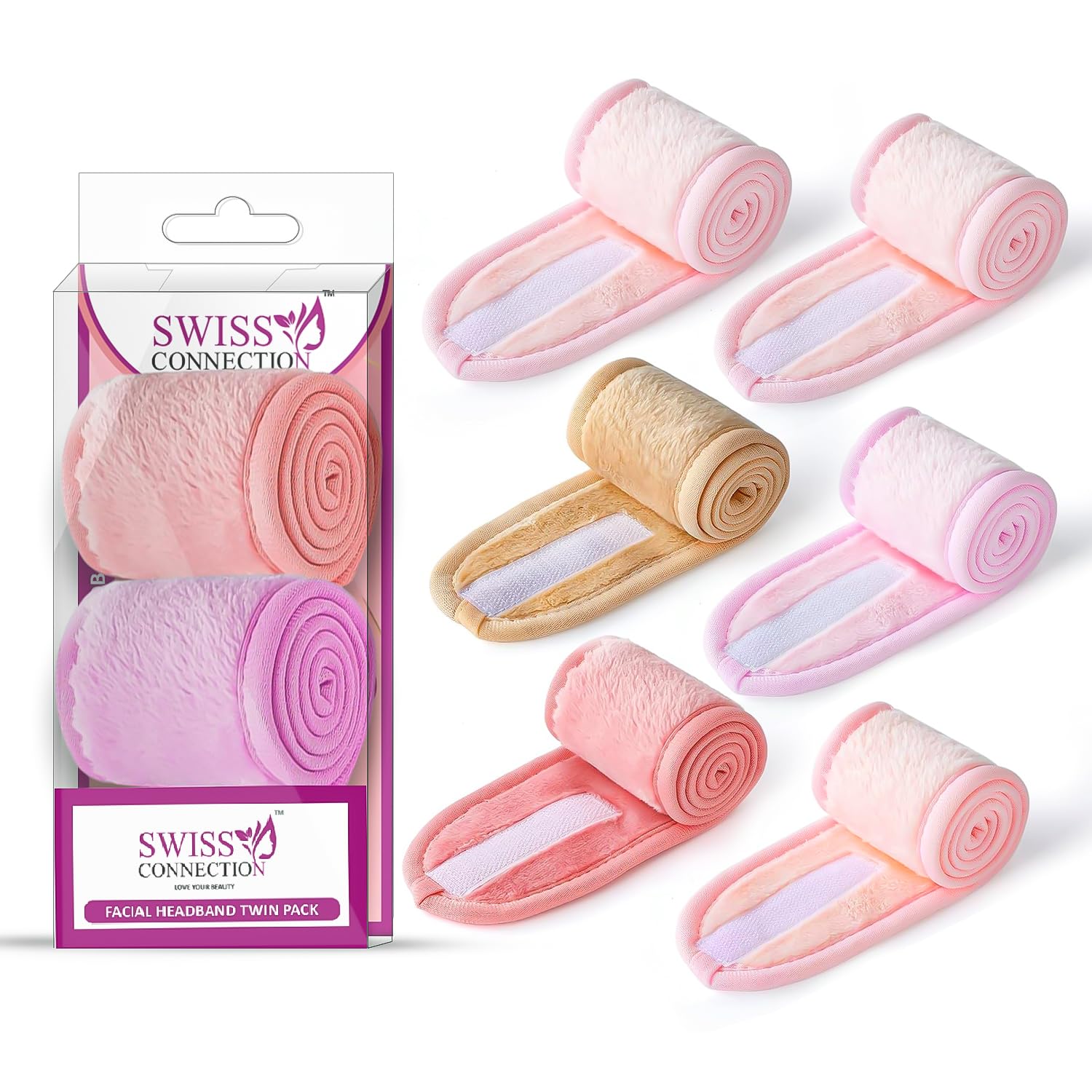 Swiss Connection Adjustable Cotton Headbands for Women - Soft, Washable & Flexible Spa Headbands (Pack of 6, Multicolor) - Perfect for Yoga, Gym, Facial Treatments & Daily Hair Care