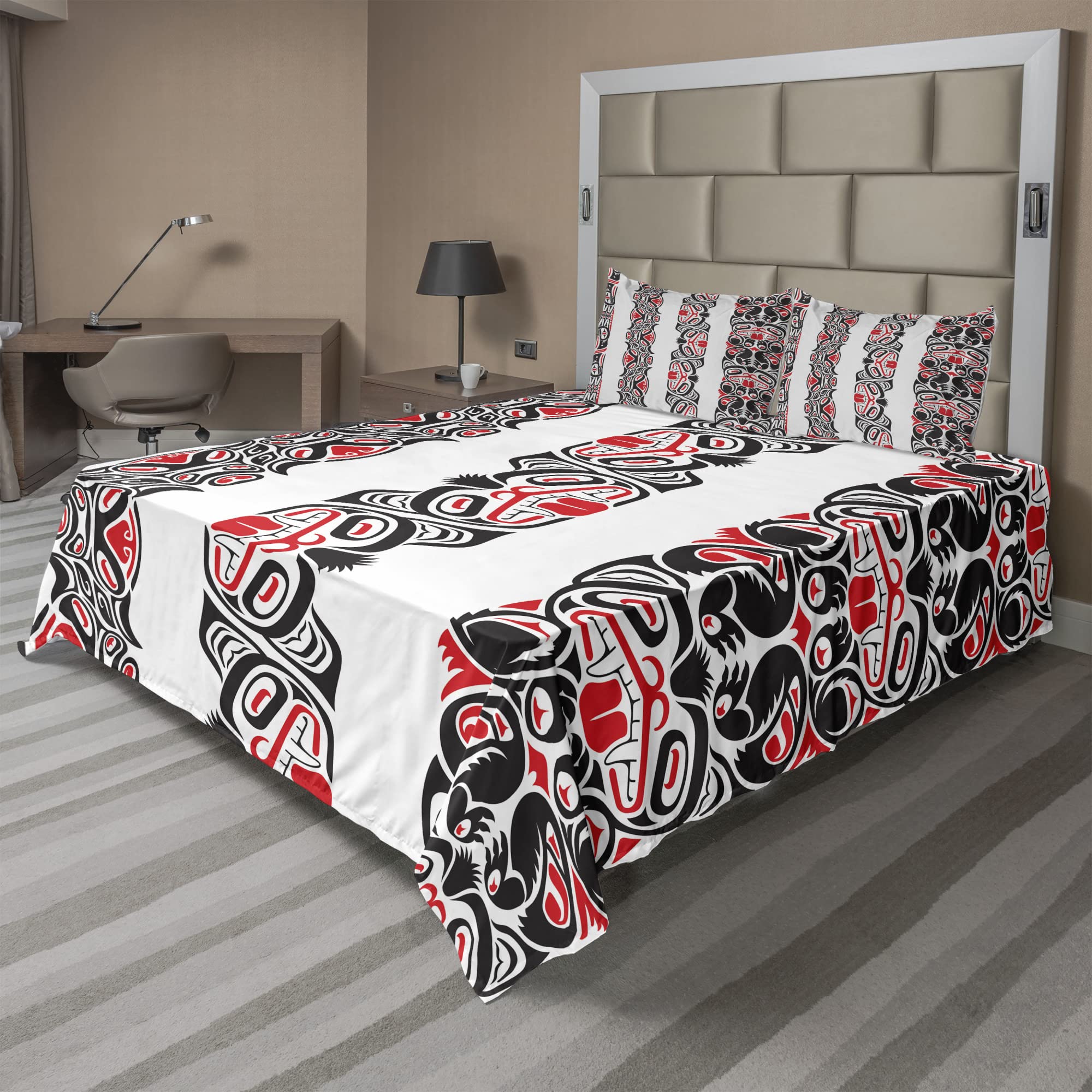 Ambesonne Prehistoric Dinosaur Bed Sheet Set - King Size 4-Piece with Haida Tribal Animal Motifs, Fitted & Flat Sheets + Pillowcases - Black Vermilion White | Perfect for Kids' Rooms, Dinosaur-Themed Bedrooms & Unique Home Decor