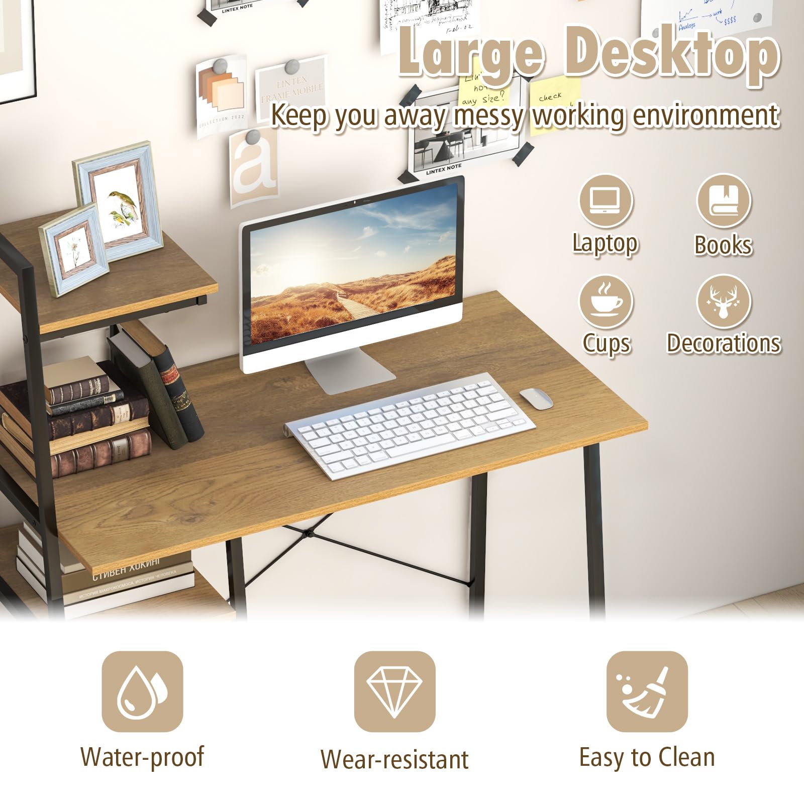 COSTWAY 47.2'' Computer Desk with 4-Tier Storage Shelves | Home Office Writing Desk with X-Shape Frame & Adjustable Feet | Modern Study Desk with Wide Tabletop (Natural/Black) for Small Spaces, Dorm Rooms & Home Offices