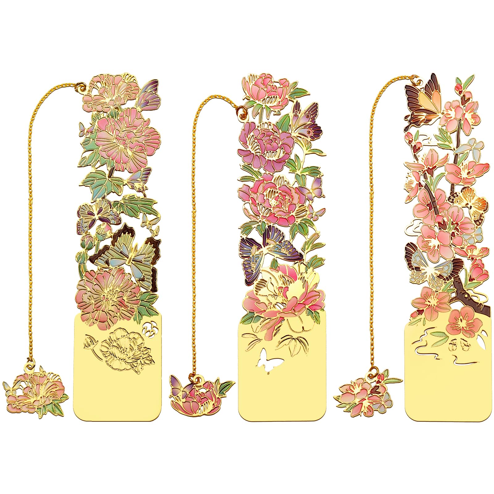 3 PCS Elegant Metal Bookmarks for Women - Floral Design with Peach Blossom, Cottonrose Hibiscus & Peony - Perfect Gift for Book Lovers, Readers & Students - Ideal for Books, Journals, Planners & Reading Accessories (BKM-050-001)